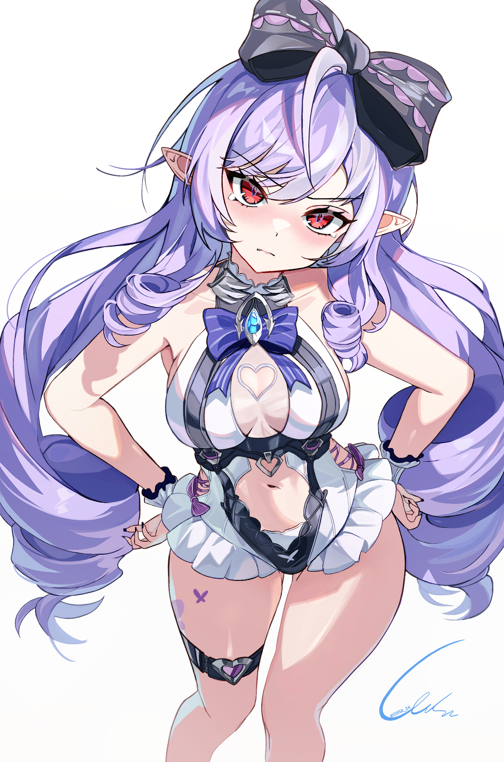 1girls, breasts, exposed breasts, female, hoyoverse, legs, long hair, mihoyo, official alternate costume, purple hair, red eyes, swimsuit, vivian banshee, vivian banshee (iris of the shore), white swimsuit, zenless zone zero
