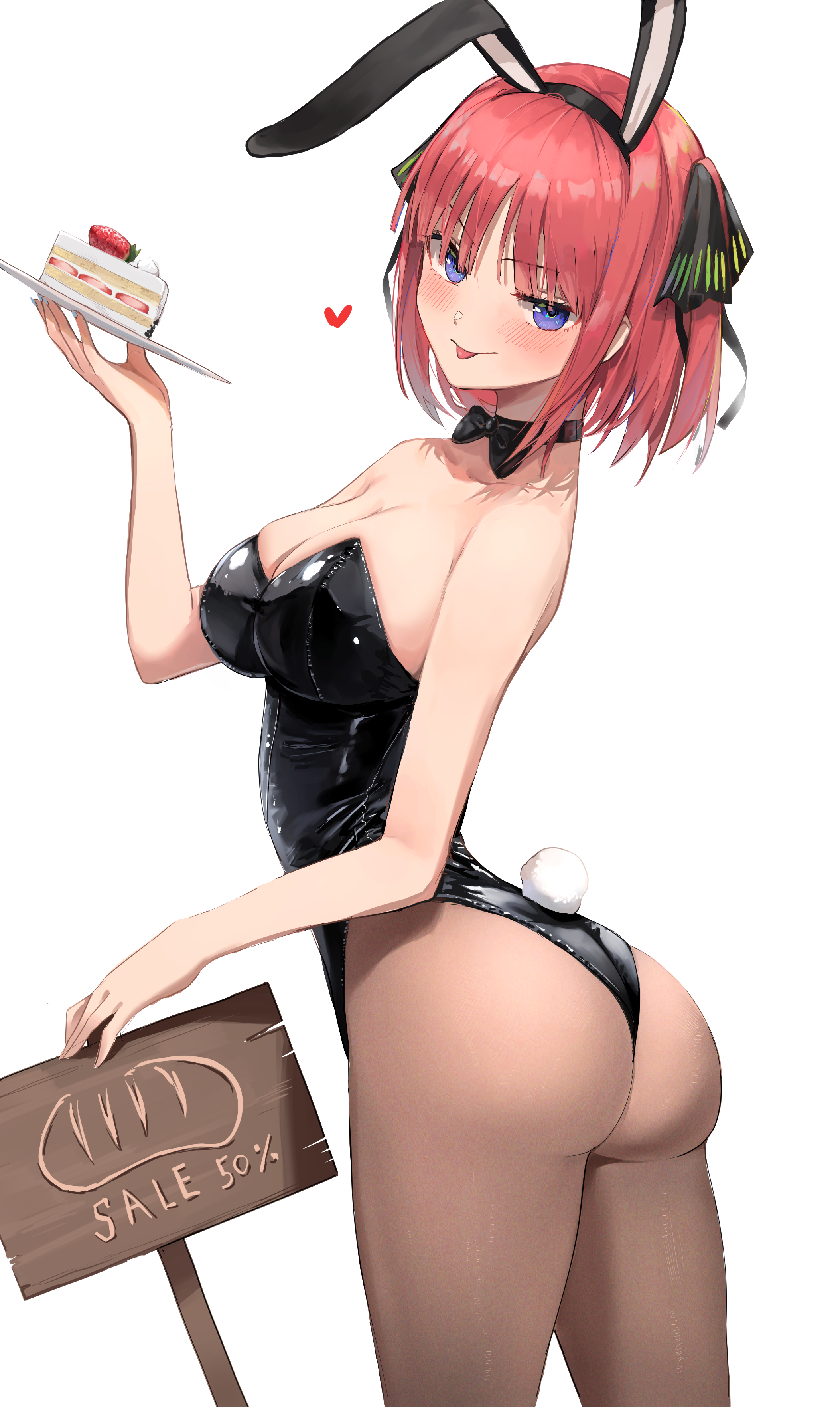 1girls, 2d, 2d (artwork), 2d artwork, ass, ass cleavage, ass crack, bare chest, bare hands, bare shoulders, big breasts, black bowtie, black bunny ears, black bunnysuit, black collar, black hair ribbon, black hair tie, black hairband, black leotard, black ribbon, black topwear, blue eyes, blue-eyed female, blush, blush face, blushing at viewer, blushing female, blushing lines, bowtie, breasts, brown legwear, brown pantyhose, brown stockings, brown tights, bunny ears, bunny girl, bunny tail, bunnygirl outfit, bunnysuit, busty, busty female, busty teenager, cake, cake slice, cleavage, closed mouth smile, collar, collarbone, curvaceous, curvaceous body, curvaceous female, curvaceous figure, curvaceous hips, curvaceous teenager, curvy, curvy body, curvy female, curvy figure, curvy hips, digital, digital art, digital drawing, digital drawing (artwork), digital media, digital media (artwork), elbows, exposed arms, exposed chest, exposed shoulders, exposed skin, eyebrows visible through hair, female, female focus, female only, fingers, gluteal fold, go-toubun no hanayome, groin, hair ribbon, hair tie, head tilt, high resolution, high school student, highres, hourglass figure, large boobs, large breasts, lean figure, legwear, leotard, looking at viewer, looking sideways, looking to the side, medium hair, midriff, nakano nino, narrow waist, pantyhose, pigone, plate, plump breasts, red hair, red-haired female, ribbon, schoolgirl, shoulders, simple background, slender body, slender waist, slim waist, smile, smiley face, smiling at viewer, smirk, solo, standing, stockings, teenage female, teenager, thick ass, thick butt, thick thighs, thighs, tights, tilted head, tongue, tongue out, topwear, upper body, white background, wide hips, young female, young woman