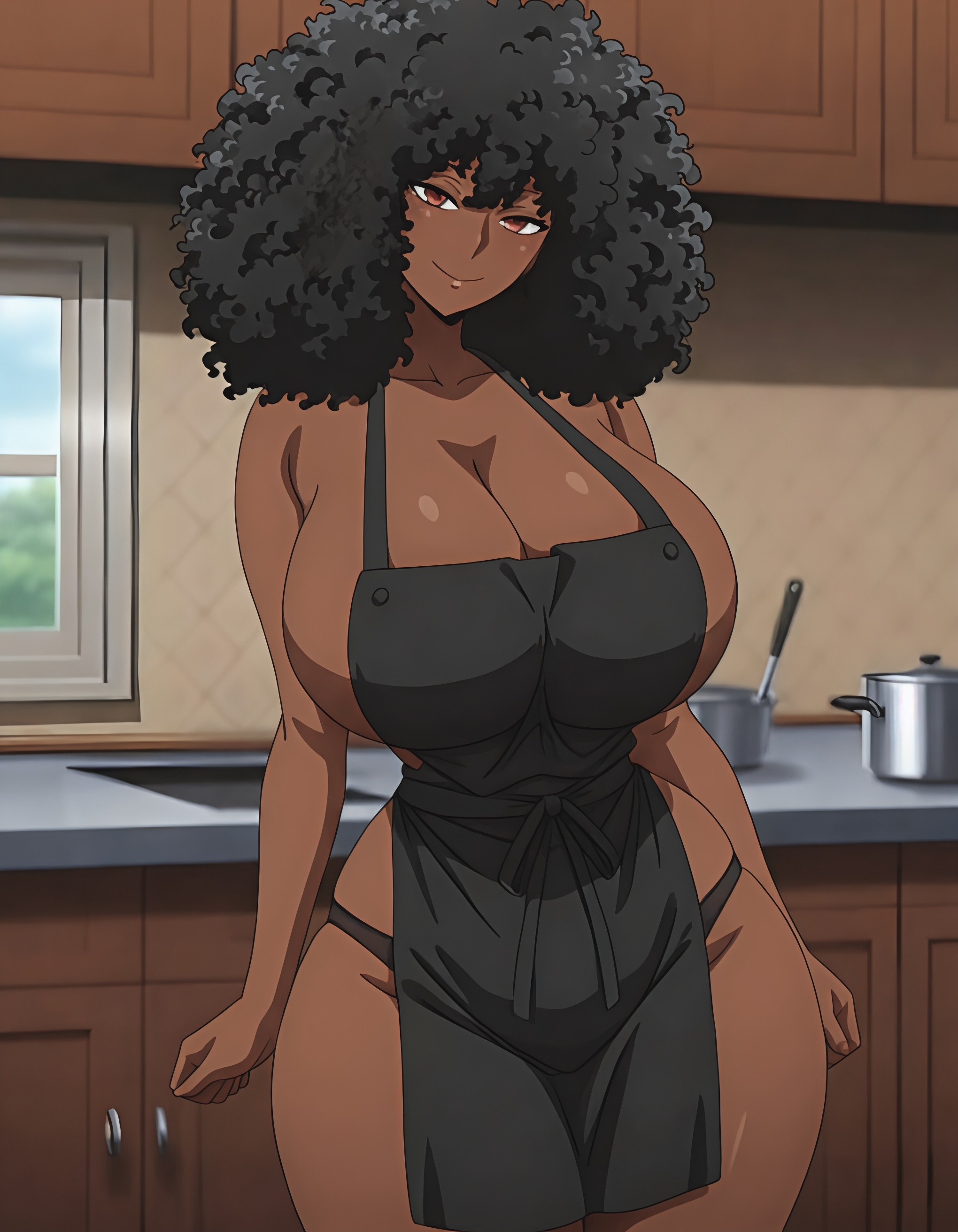 1girls, african female, afro, ai generated, apron, apron only, big ass, black hair, black woman, breasts, brown eyes, cleavage cutout, curly hair, dark skin, dark-skinned female, female, female only, huge breasts, kitchen, looking at viewer, mature, mature female, mature woman, milf, mrtecta, original, original character, sideboob, solo, solo female, thick thighs, thighs