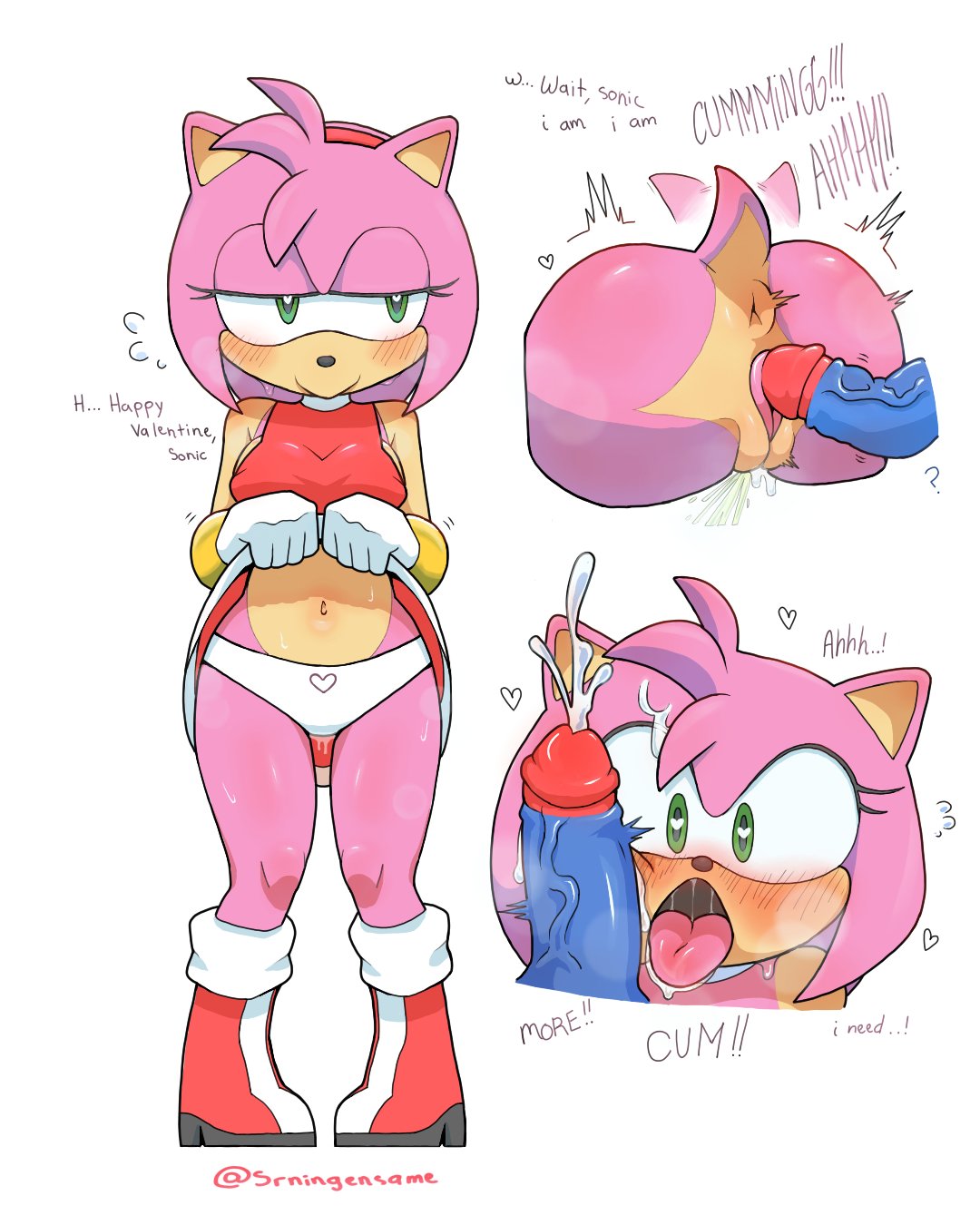 amy rose, anus, ass, blue body, blue penis, blush, boots, bracelet, cum, cum on face, dress, dress lift, female, gloves, green eyes, heart-shaped pupils, hedgehog, male, open mouth, oral, panties, penis, pink body, pussy, sonic (series), sonic the hedgehog, sonic the hedgehog (series), srningensame, tail, tailwag, tongue, tongue out