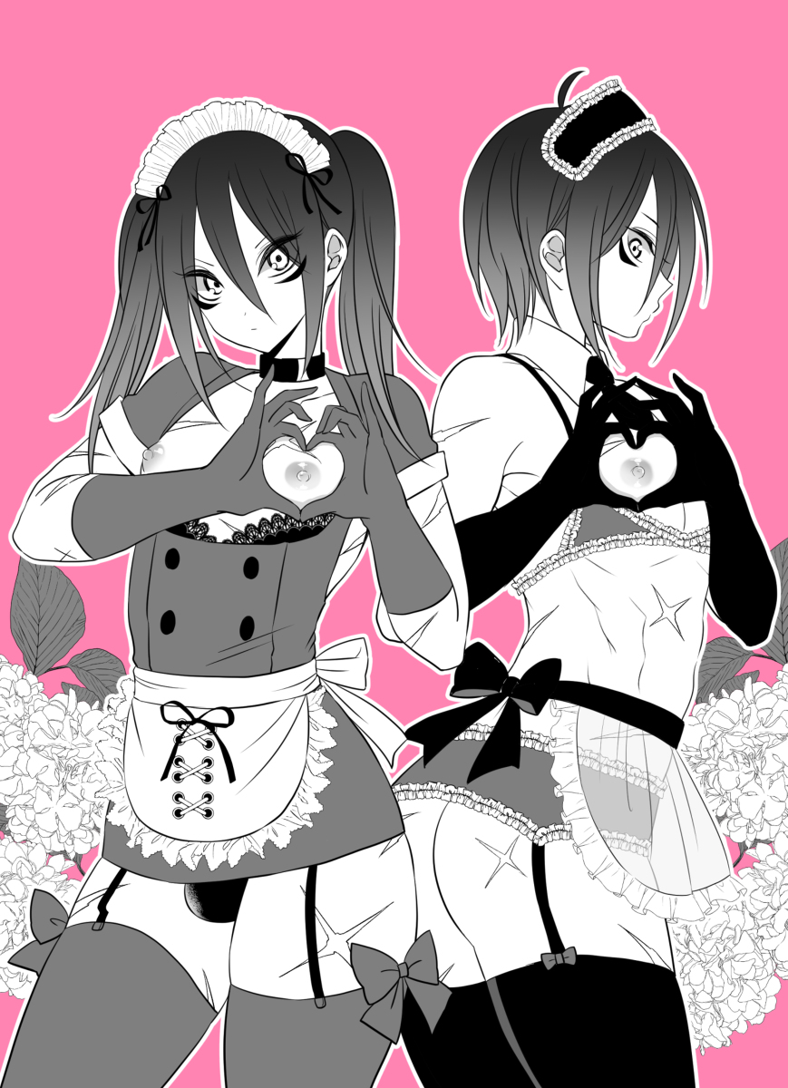 2018, 2boys, apron, armwear, ass, black armwear, black garter straps, black gloves, black legwear, breasts, bulge, crossdressing, femboy, garter belt, garter straps, girly, gloves, heart-shaped boob challenge, legwear, looking at viewer, male, male focus, male only, nagano rira, nipples, one-punch man, pink background, pixiv, scar, scars, simple background, solo focus, speed-o'-sound sonic, thighhighs, trap