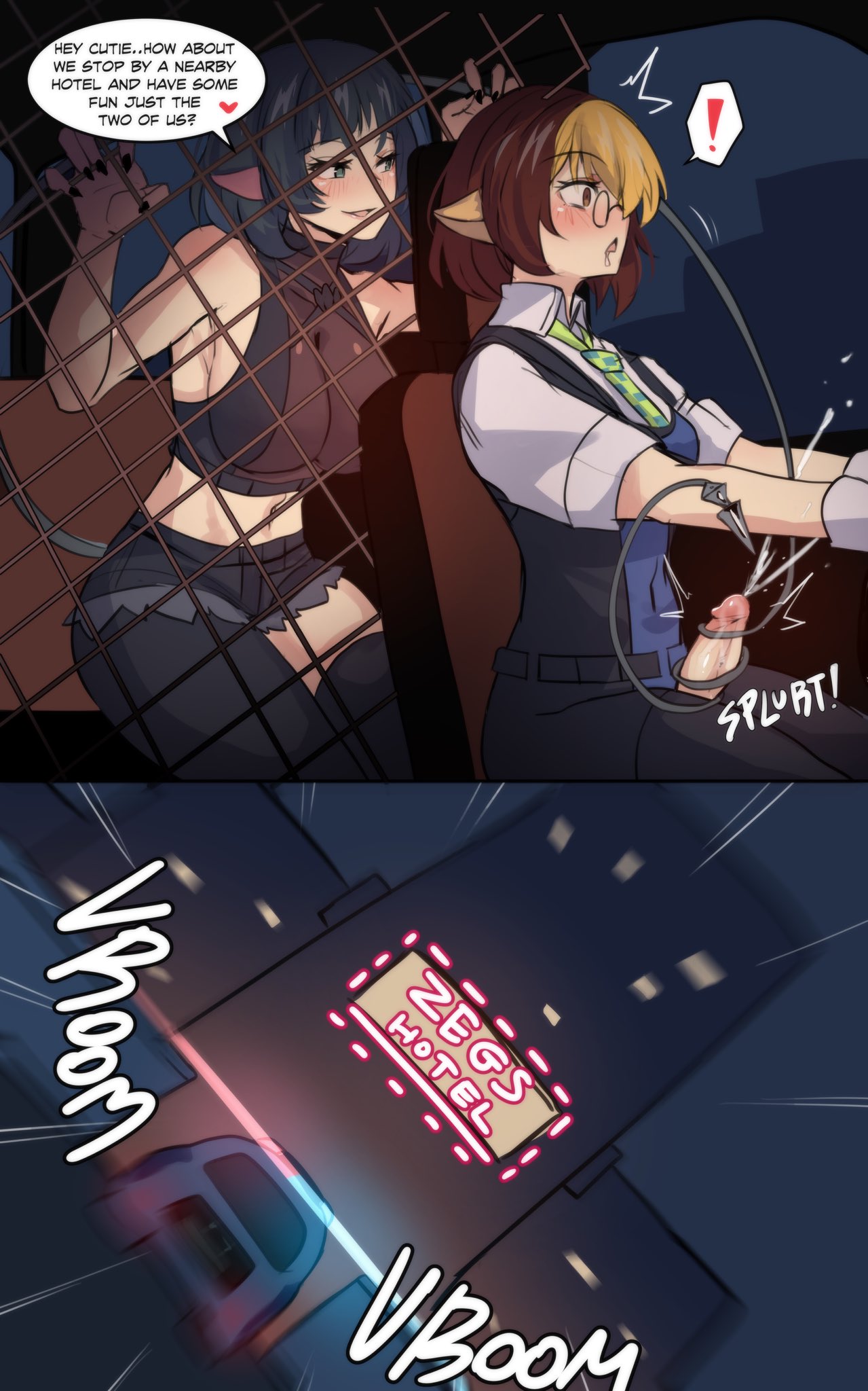 2025, 2d, 2d (artwork), 2d artwork, 2girls, big breasts, blush, blush lines, blushing, breasts, clothed, comic, cop, cum, cum explosion, driving, drool, drool on face, drooling, english, english text, female, female/futa, futa with female, futanari, glasses, hinghoi, hotel, intersex, jane doe (zenless zone zero), large breasts, light skin, light-skinned female, lucky bastard, mouse ears, mouse girl, multiple females, multiple girls, penis, policewoman, rat ears, rat girl, rat tail, ripped clothing, ripped pants, seductive, seductive look, seductive smile, short hair, short-haired female, shorter female, sideboob, smaller female, tail wrap, tail wrapped around, tail wrapped around penis, taller female, tomiya (zenless zone zero), uniform, yuri, zenless zone zero