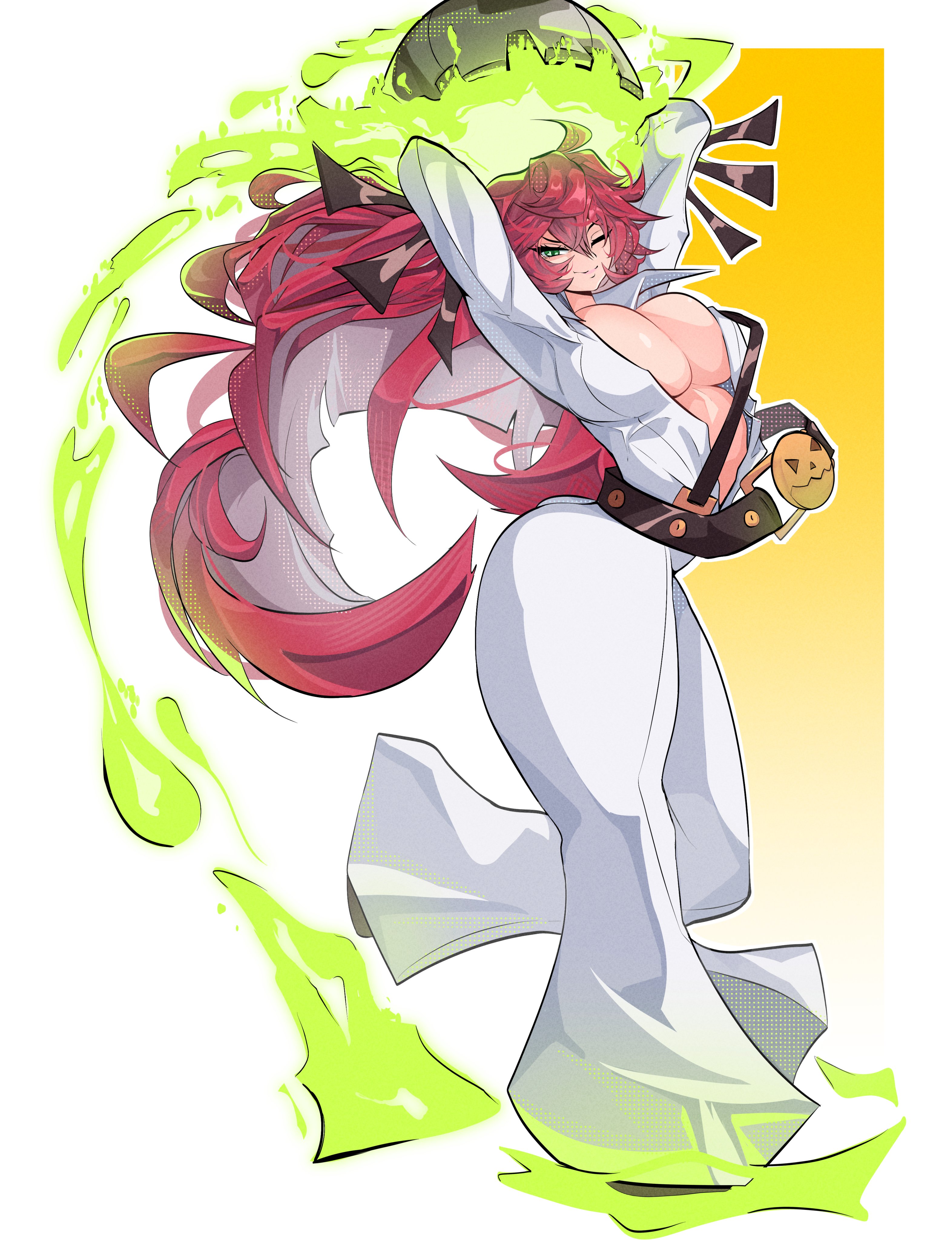 1girls, absurdres, bodysuit, breasts, center opening, closed mouth, colored inner hair, commentary, english commentary, female, female only, full body, green eyes, guilty gear, guilty gear strive, hair between eyes, highres, jack-o' valentine, large breasts, long hair, looking at viewer, molu (molu-molu), moluscoo, multicolored hair, one eye closed, red hair, shirt, smile, solo, thick thighs, thighs, two-tone hair, white bodysuit, white shirt