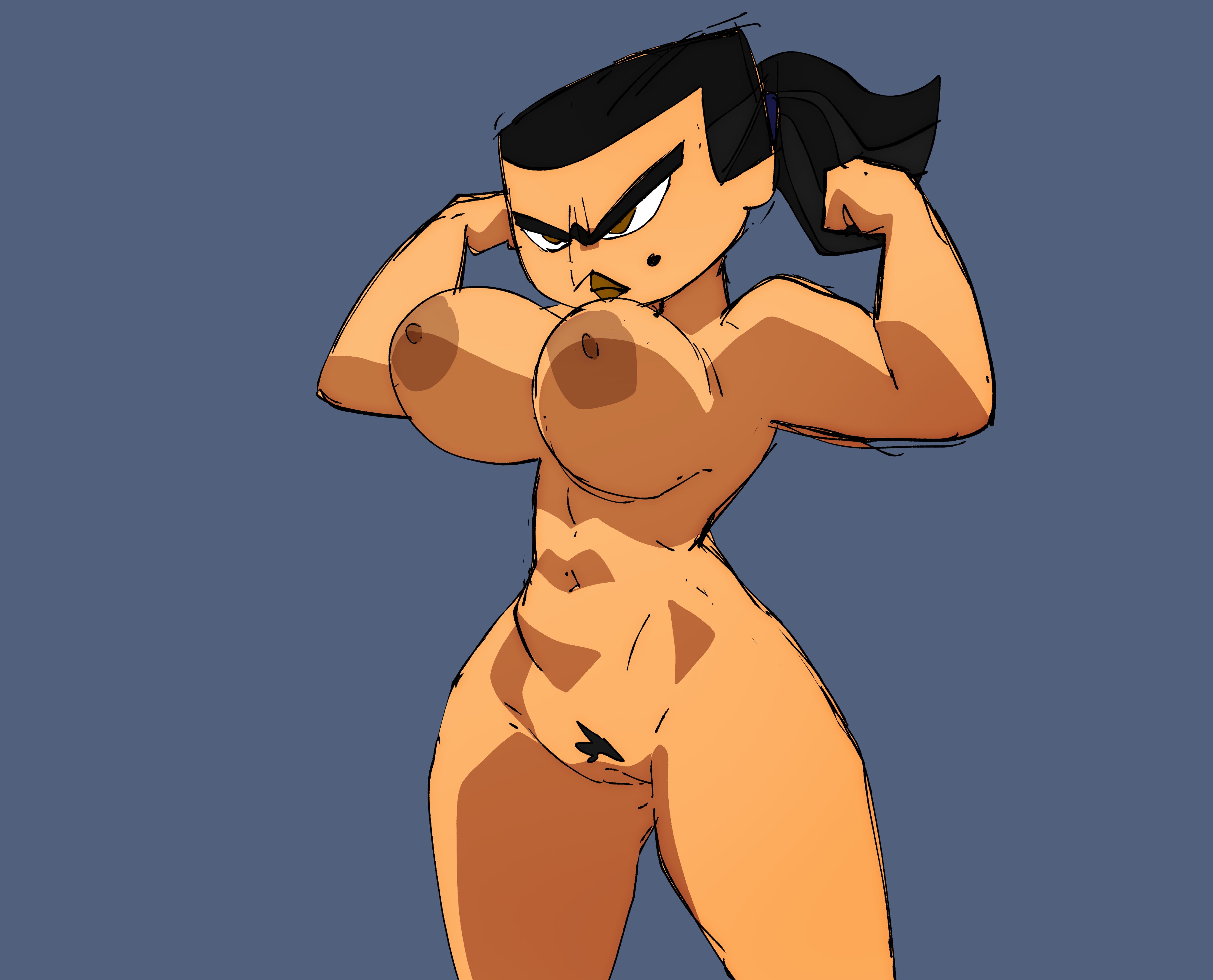 1girls, angry, annoyed, areolae, black hair, black lips, blue background, bouncing breasts, breasts, brown eyes, closed mouth, colored skin, completely nude, completely nude female, coolerinker, cowboy shot, curvy, dark areolae, eva (tdi), female, female pubic hair, flexing, grey background, half-closed eyes, hand up, huge breasts, inker comics, inkershike, large areolae, large breasts, long hair, looking at viewer, mole, mole under eye, muscular, muscular female, navel, nipples, nude, pointy ears, pubic hair, simple background, smile, solo, solo female, standing, tan, thick thighs, thighs, total drama island, wide hips, yellow eyes, yellow skin