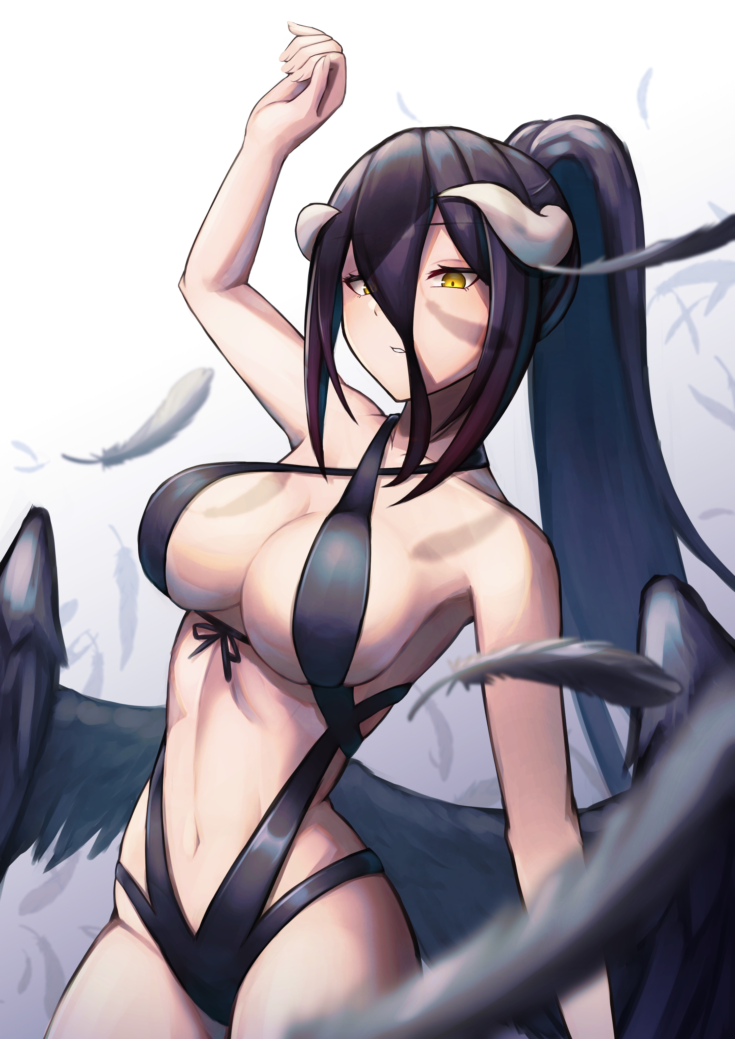 1girls, 2d, 2d (artwork), 2d artwork, absurdly long hair, adult, adult female, albedo (overlord), arm above head, arm up, armpits, bare armpits, bare arms, bare chest, bare hands, bare legs, bare midriff, bare navel, bare shoulders, bare skin, bare thighs, belly, belly button, big breasts, bikini, black bikini, black hair, black one-piece swimsuit, black swimsuit, black swimwear, black wings, black-haired female, breasts, busty, busty female, cleavage, collarbone, curvaceous, curvaceous body, curvaceous female, curvaceous figure, curvaceous hips, curvy, curvy body, curvy female, curvy figure, curvy hips, digital, digital art, digital drawing, digital drawing (artwork), digital media, digital media (artwork), elbows, exposed armpits, exposed arms, exposed chest, exposed legs, exposed midriff, exposed navel, exposed shoulders, exposed skin, exposed thighs, eyebrows hidden by hair, female, female focus, female only, fingernails, fingers, front-tie bikini, front-tie bikini top, groin, hair between eyes, hair covering eye, hair over eye, hair over one eye, half-closed eyes, hand above head, hand up, head tilt, high resolution, highres, horn, horns, hourglass figure, large boobs, large breasts, lean figure, linea alba, long hair, looking at viewer, mature, mature female, midriff, narrow waist, navel, one-piece swimsuit, overlord (maruyama), plump breasts, ponytail, shoulders, sidelocks, simple background, slender body, slender waist, slim waist, solo, standing, stomach, swimsuit, swimwear, tatamatucomi, thick thighs, thighs, tilted head, upper body, very long hair, very long hair female, white background, white horn, white horns, wide hips, wings, yellow eyes, yellow-eyed female
