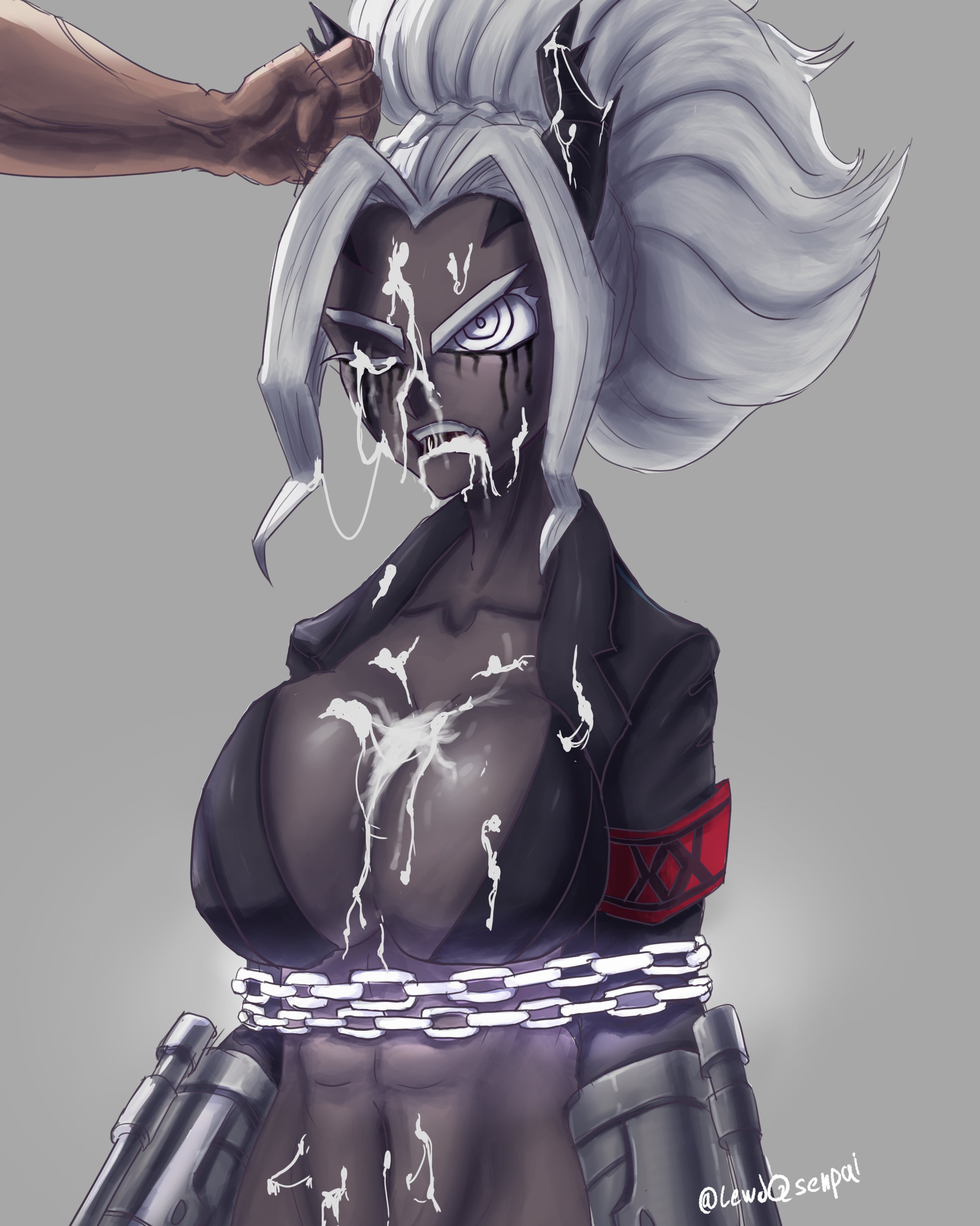 after sex, angry, breasts, chained up, chains, cleavage, cum, cum on body, cum on breasts, cum on face, dark skin, dark-skinned female, defeated, demon, demon girl, demon horns, female, helltaker, horn grab, horns, judgement (helltaker), large breasts, lewdqsenpai, mascara tears, ruined makeup, runny makeup, white hair