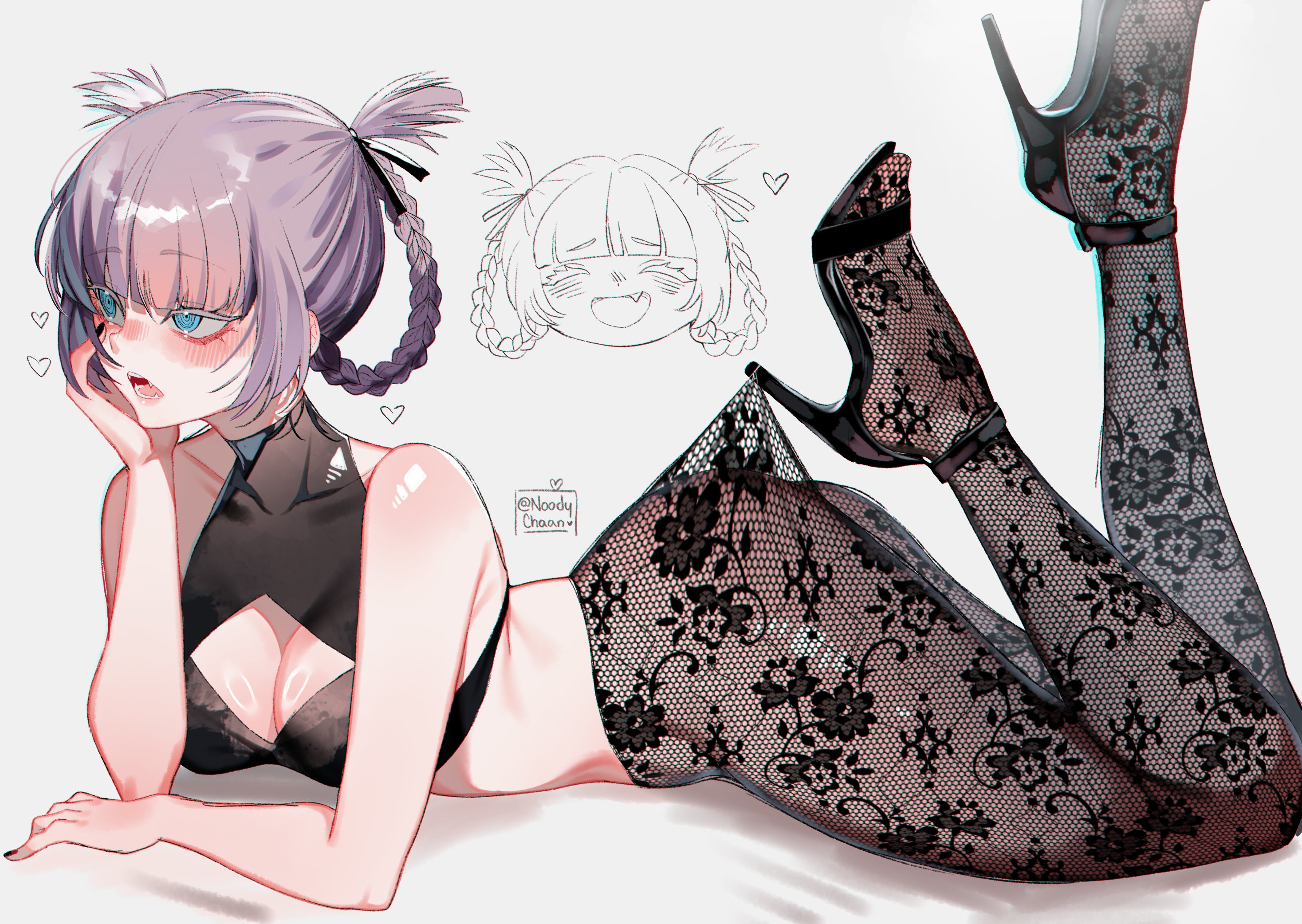 artist name, bare arms, bare shoulders, blue eyes, blush, braid, braided hair rings, breasts, cleavage, commentary, crop top, english commentary, feet up, female, grey background, hair rings, hand on own cheek, hand on own face, heart, high heels, highres, lace pantyhose, lace pantyhose hooked on heel (meme), lying, meme, nanakusa nazuna (yofukashi no uta), noodychaan, on stomach, open mouth, pantyhose, pink hair, small breasts, yofukashi no uta