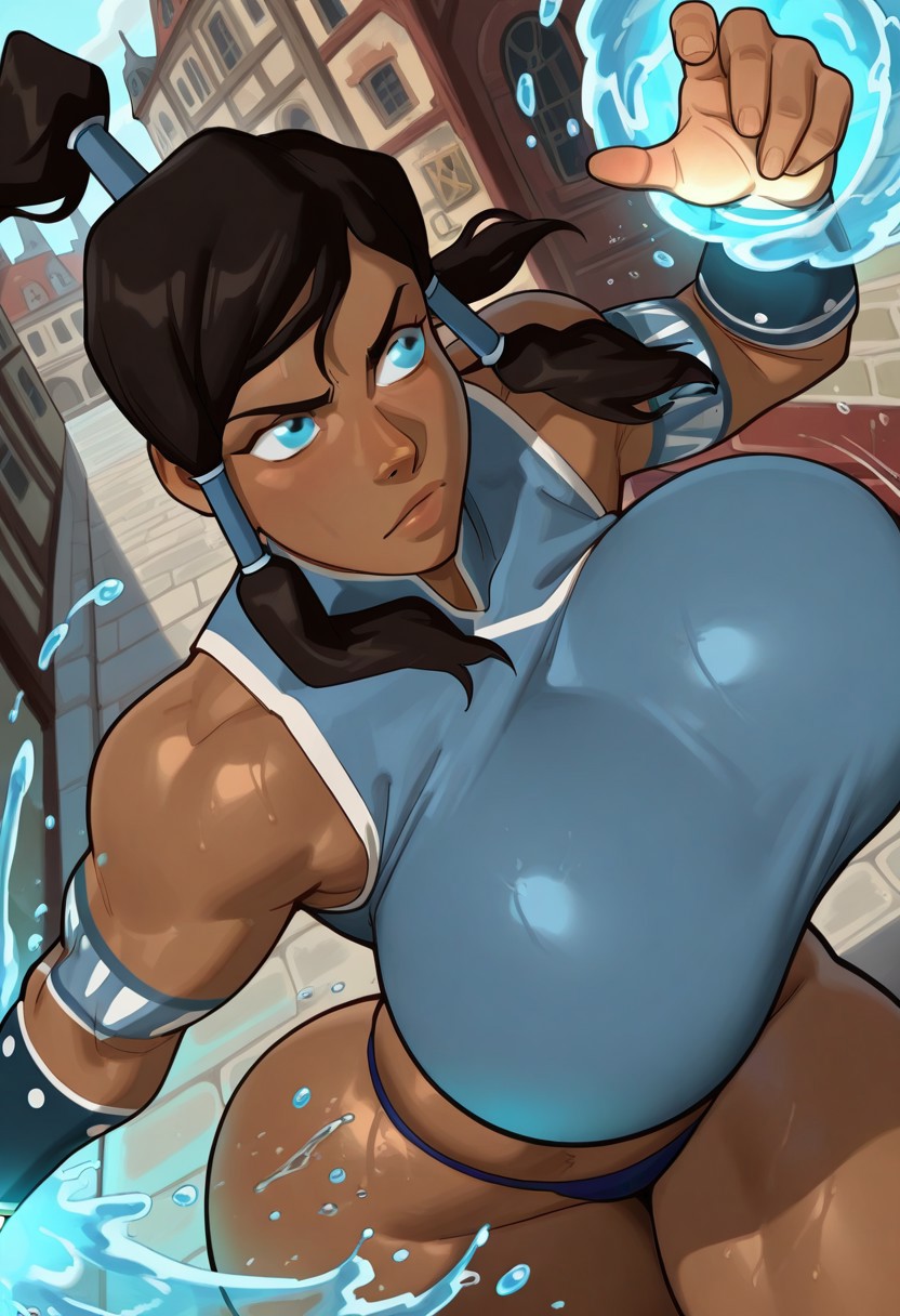 action pose, ai generated, avatar legends, blue eyes, city, city background, dark skin, dark-skinned female, female, female focus, female only, korra, nickelodeon, nicktoons, outdoors, panties, ponytail, serious, sleveless, solo, solo female, solo focus, the legend of korra, thong, twintails, verynormalguy, waterbending