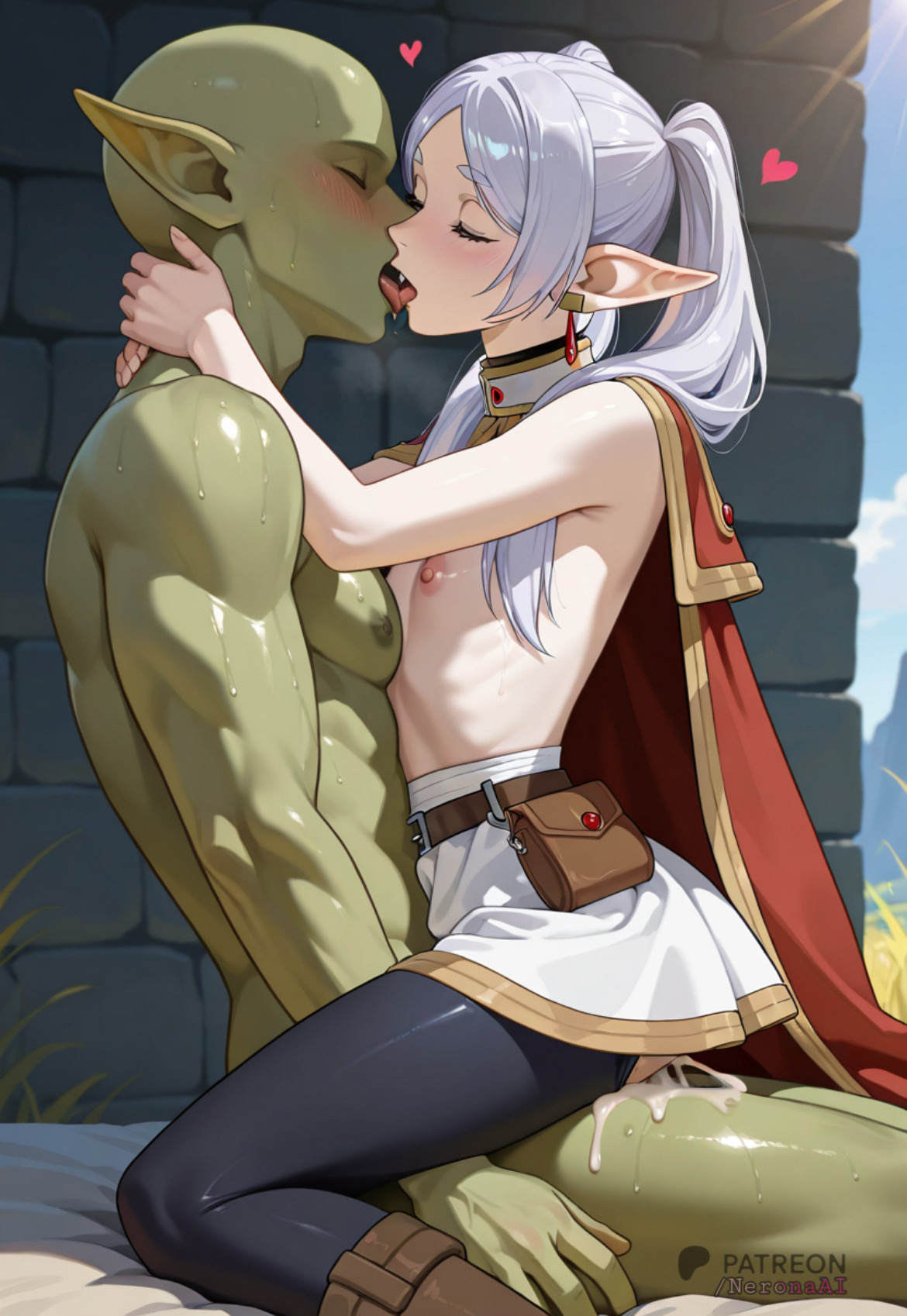 ai, ai assisted, ai generated, blush, closed eyes, clothed, clothing, cum, cum in pussy, cum inside, elf, elf ears, elf female, female, flat chest, flat chested, french kiss, frieren, frieren beyond journey's end, goblin, hugging, kissing, neronaai, nipples, outdoors, outside, penis, pussy, sitting, sitting on lap, sitting on penis, sitting on person, sousou no frieren, white hair