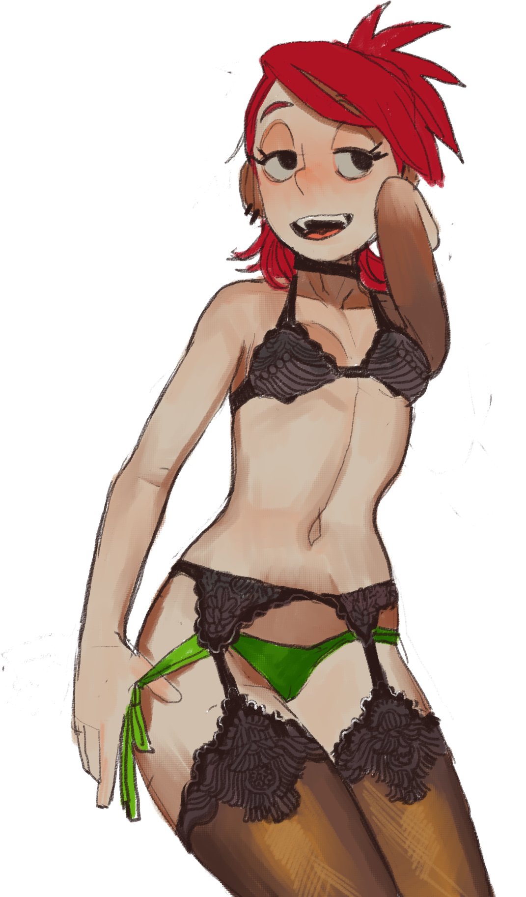 1girls, 2d, bra, breasts, cartoon network, cleavage, female, female only, foster's home for imaginary friends, frankie foster, garter belt, garter straps, green eyes, green panties, lingerie, mossa, panties, pinup, pose, red hair, sketch, small breasts, smile, solo, solo female, thighhighs, underwear, white background