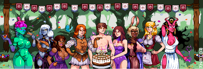 1boy 6+girls amber_(aurelia) anniversary aurelia_(game) aurelia_(mirthal) bare_shoulders birthday_cake blonde_hair brown_hair cake cleavage cowboy_shot crystal_(aurelia) curvaceous curvy dark-skinned_female dark_elf dark_skin demon_girl druid elf elf_female erza_(aurelia) facing_viewer female flower forest grass green_skin hand_on_hip hearts_around_head hourglass_figure human_female human_male ivy_(aurelia) janet_(aurelia) light-skinned_female light-skinned_male light_skin lily_(aurelia) long_pointy_ears looking_at_viewer luna_(aurelia) male merah_(aurelia) multiple_girls one_breast_out orange_hair orc orc_female outdoors pink_skin pixel_art plant_girl pointing_at_another rabbit_ears rohezk scarlet_(aurelia) shortstack slime_girl