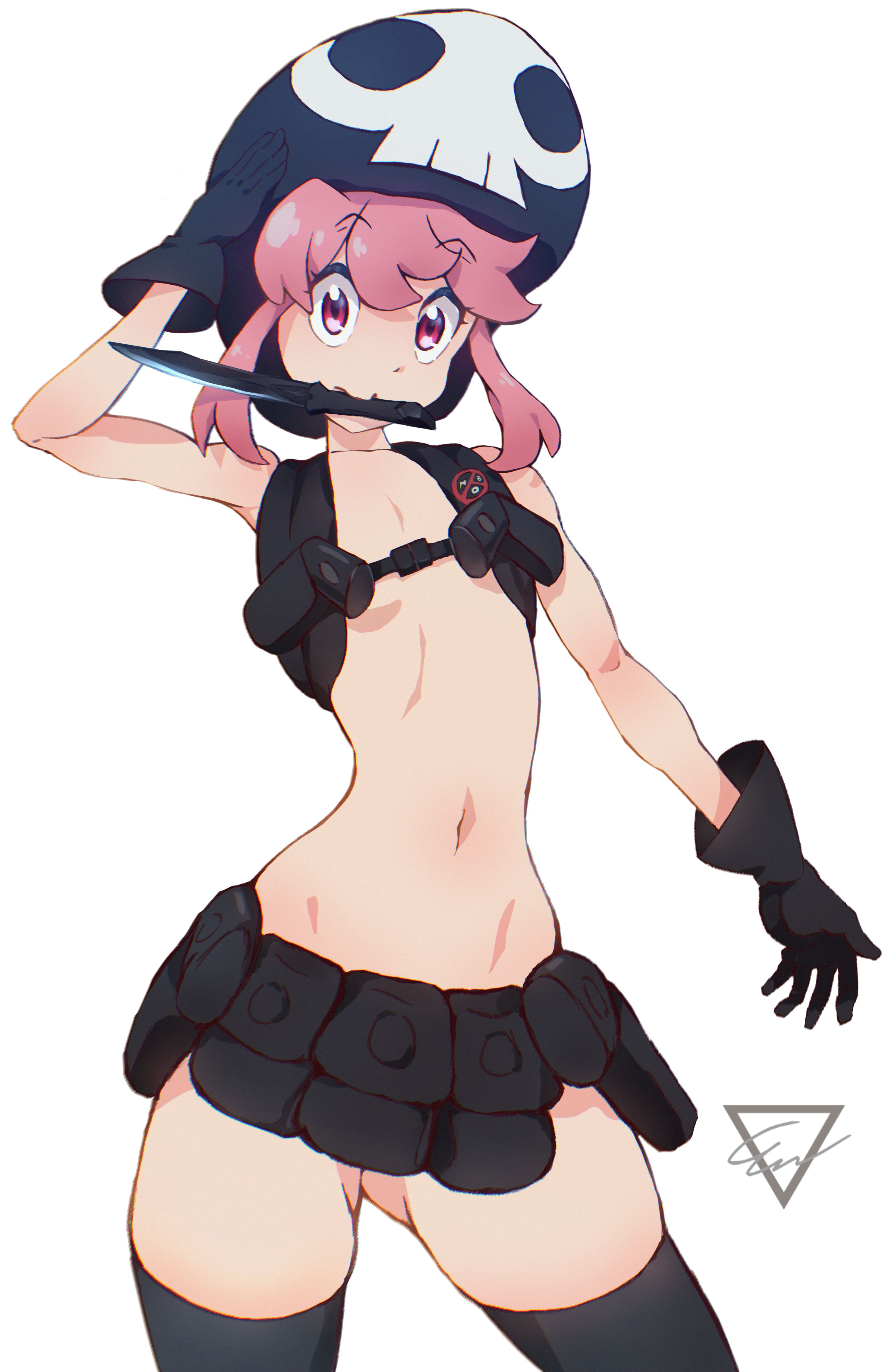 1girls, armpits, ass visible through thighs, bare armpits, bare arms, bare belly, bare midriff, bare navel, bare shoulders, bare skin, bare thighs, belly, belly button, beret, black gloves, black legwear, black stockings, black thigh highs, black thighhighs, breasts, collarbone, curvaceous, curvaceous body, curvaceous female, curvaceous figure, curvaceous hips, curvaceous teenager, curvaceous thighs, curvy, curvy body, curvy female, curvy figure, curvy hips, curvy thighs, digital, digital art, digital drawing, digital drawing (artwork), digital media, digital media (artwork), elbows, ethanarts2019, exposed armpits, exposed arms, exposed belly, exposed midriff, exposed navel, exposed shoulders, exposed skin, exposed thighs, eyebrows visible through hair, female, female focus, female only, fingers, flat belly, flat breasts, flat chest, flat chested, gloves, groin, hair between eyes, hand on head, hand on own head, head tilt, high resolution, highres, jakuzure nonon, kill la kill, knife, knife in mouth, lean figure, legwear, looking at viewer, midriff, narrow waist, navel, pear-shaped figure, petite, petite body, petite breasts, petite female, petite tits, pink eyebrows, pink eyes, pink hair, pink hair female, pink-eyed female, pink-haired female, shoulders, sidelocks, simple background, skindentation, skinny, skinny female, skinny waist, slender body, slender waist, slim waist, small breasts, smooth chest, solo, standing, stockings, thick thighs, thigh gap, thigh highs, thighhighs, thighs, tilted head, upper body, white background, wide hips