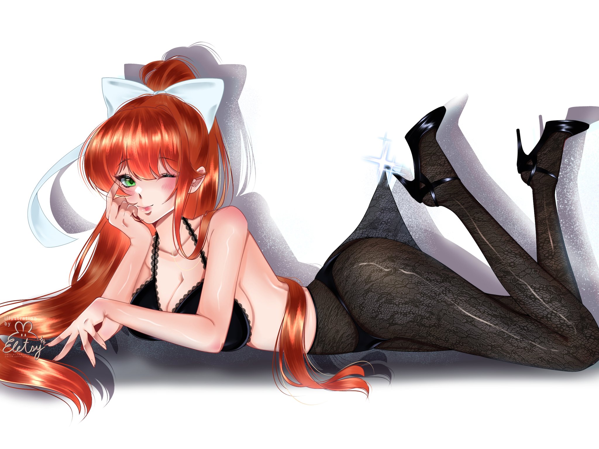big breasts, breasts, coral brown hair, doki doki literature club, eletsy, fishnet legwear, fishnets, green eyes, heels, high heels, lace pantyhose hooked on heel (meme), lingerie, looking at viewer, monika (doki doki literature club), stockings, thick thighs, wink, winking at viewer