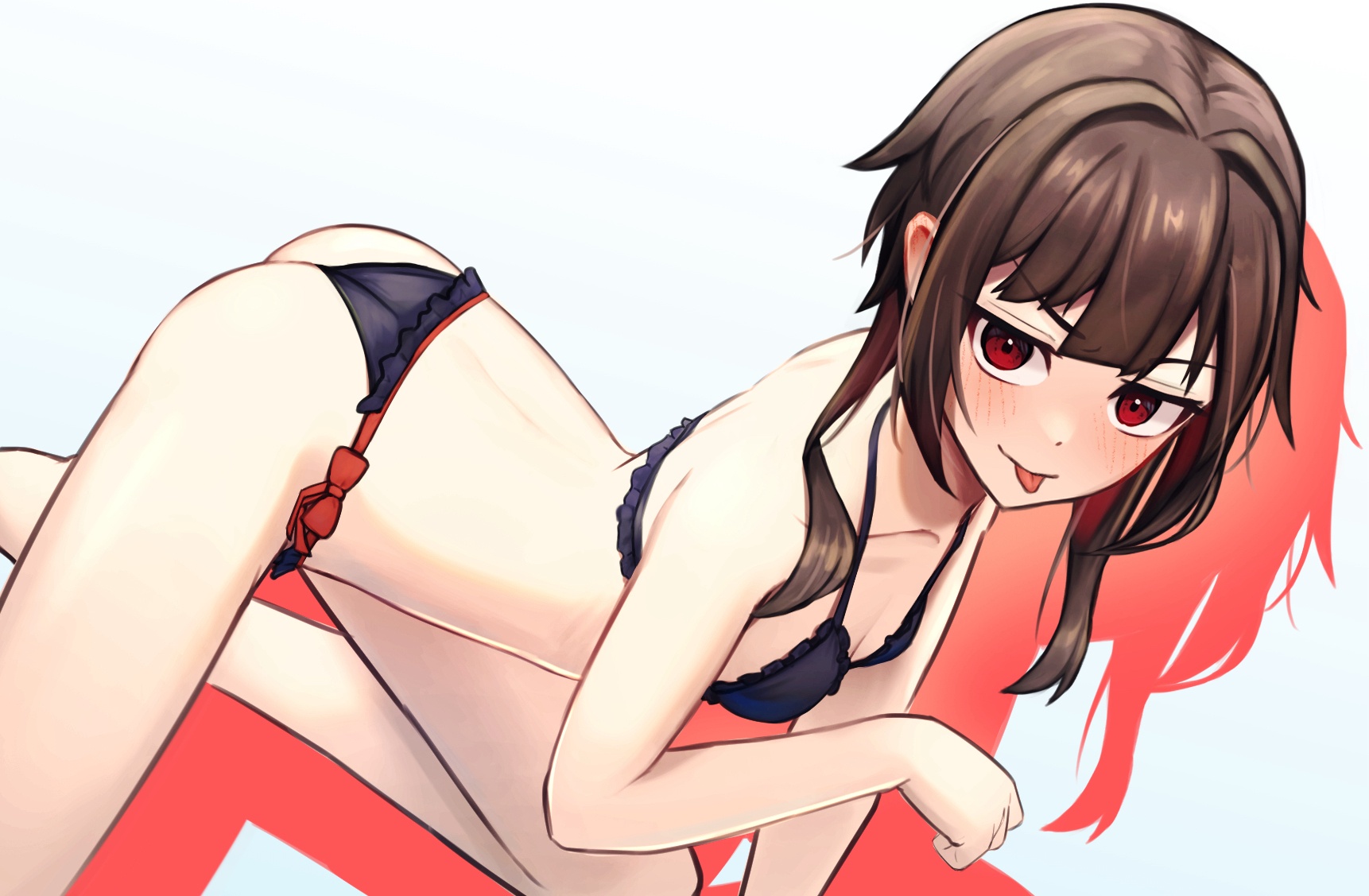 1girls, 2d, 2d (artwork), 2d artwork, arm support, ass, ass cleavage, ass crack, back, bare arms, bare ass, bare back, bare butt, bare calves, bare chest, bare hands, bare hips, bare knees, bare legs, bare shoulders, bare skin, bare thighs, bikini, bikini bottom, bikini only, bikini top, black bikini, black bikini bottom, black bikini top, black string bikini, black swimsuit, black swimwear, blush, blush face, blushing at viewer, blushing female, blushing lines, breasts, brown eyebrows, brown hair, brown-haired female, calves, closed mouth smile, collarbone, digital, digital art, digital drawing, digital drawing (artwork), digital media, digital media (artwork), elbows, embarrassed, embarrassed expression, embarrassed female, exposed arms, exposed ass, exposed back, exposed butt, exposed calves, exposed chest, exposed hips, exposed legs, exposed shoulders, exposed skin, exposed thighs, eyebrows visible through hair, female, female focus, female only, fingers, flat breasts, flat chest, flat chested, frilled bikini, frilled bikini bottom, frilled bikini top, frilled swimsuit, grin, grinning, grinning at viewer, hair intakes, half naked, half nude, halterneck, high resolution, highres, knees, kono subarashii sekai ni shukufuku wo!, lean figure, legs, long hair, looking at viewer, looking up, looking up at viewer, median furrow, megumin, naked, naked female, naked woman, narrow waist, nude, nude female, nudity, paw pose, petite, petite body, petite breasts, petite female, petite tits, red eyes, red-eyed female, seductive grin, semi nude, shoulders, side-tie bikini, sidelocks, simple background, skinny, skinny female, skinny waist, slender body, slender waist, slim waist, small breasts, smile, smiley face, smiling, smiling at viewer, smirk, smooth chest, smug, smug expression, smug eyes, smug face, smug grin, smug smile, solo, string bikini, swimsuit, swimwear, tatamatucomi, thighs, tongue, tongue out, white background