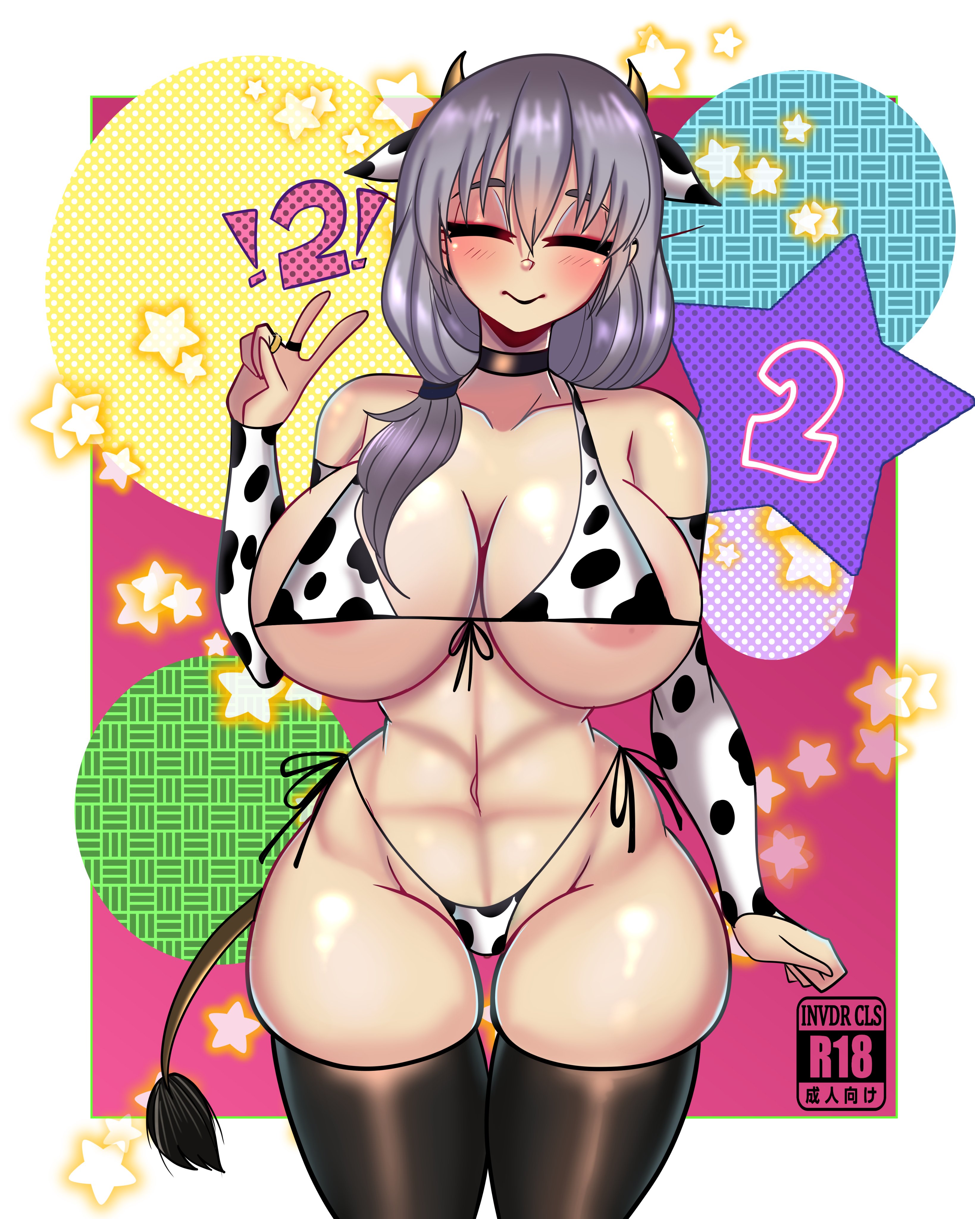 1girls, 2022, absurd res, big breasts, black thighhighs, breasts, choker, closed eyes, closed eyes smile, cow ears, cow ears headband, cow horns, cow horns headband, cow print, cow print armwear, cow print bikini, cow tail, eyelashes, female, female only, grey hair, huge breasts, invdrcls, long hair, looking at viewer, mature, micro bikini, milf, side-tie bikini, solo, tail, thick thighs, thighhighs, tied hair, uzaki tsuki, uzaki-chan wa asobitai!, v sign, wide hips