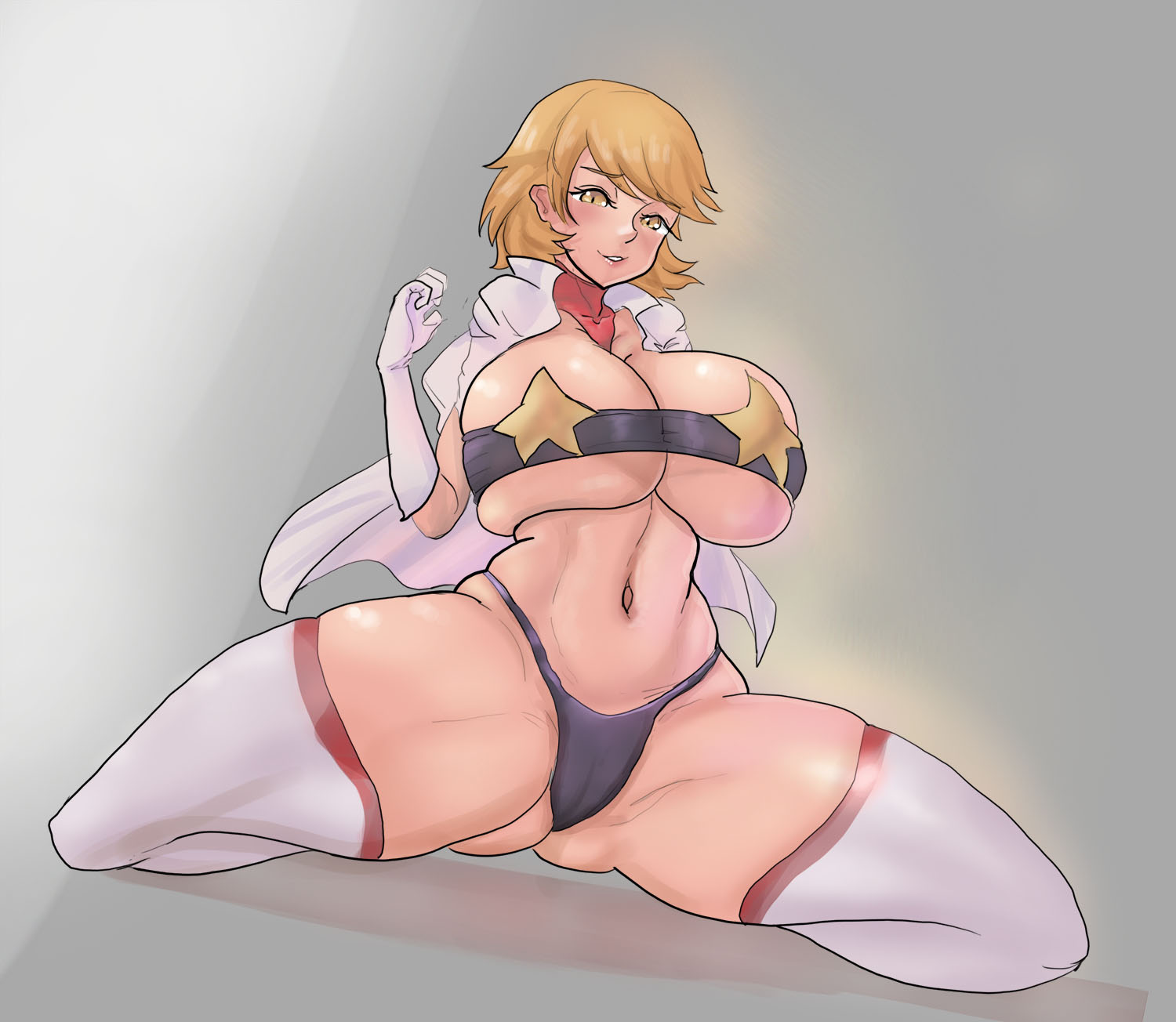1girls, big breasts, breasts, brown eyes, brown hair, cleavage, cosplay, female, female only, frequencyblue, gloves, huge breasts, large breasts, looking at viewer, megami tensei, persona, persona 3, short hair, smile, space yoko (cosplay), tengen toppa gurren lagann, thick thighs, thighs bigger than head, voice actor connection, white gloves, yoko littner (cosplay), yukari takeba