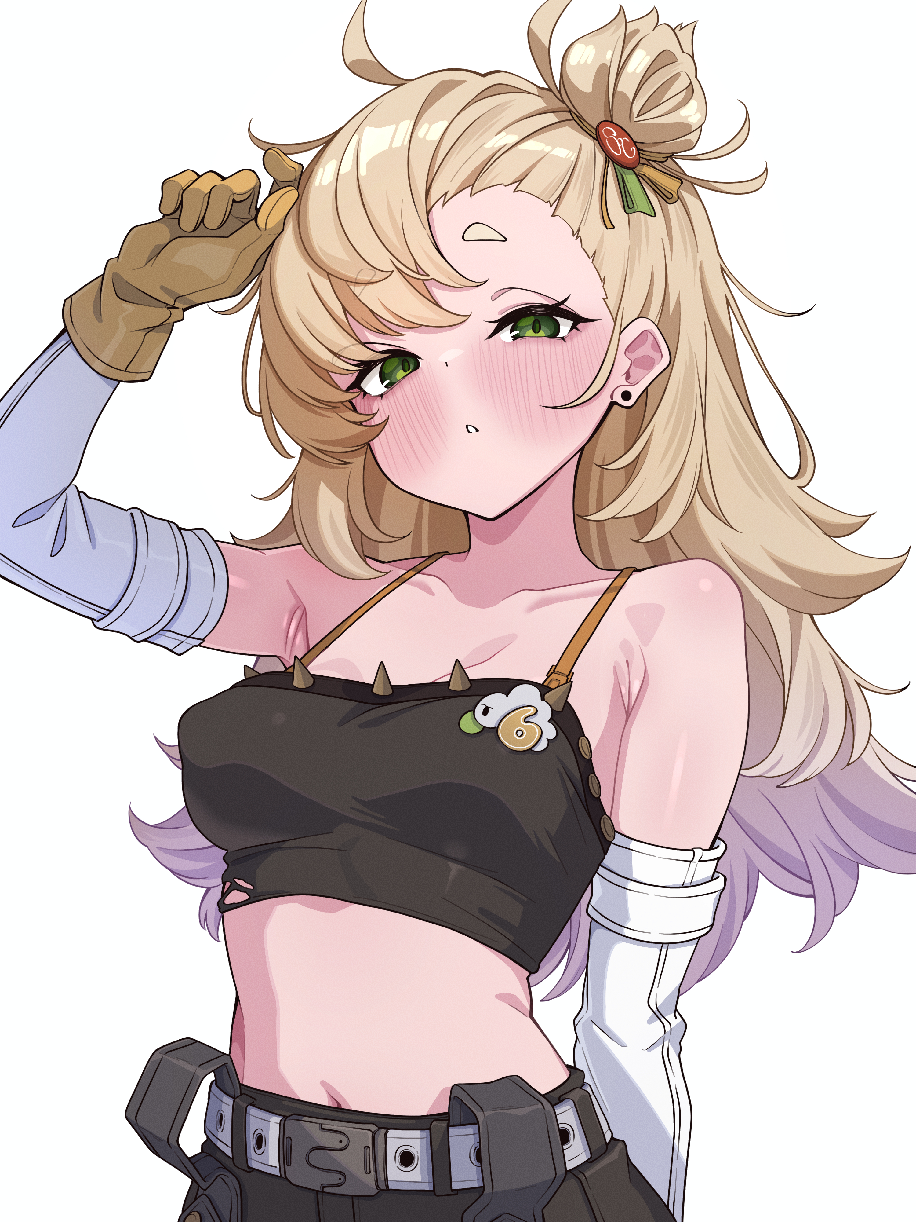 absurdres, alternate breast size (larger), arm up, armpits, bare shoulders, belt, black shorts, black tube top, blonde hair, blush, breasts, collarbone, commentary, commentary request, crop top, detached sleeves, earrings, english commentary, female, gloves, green eyes, hair ornament, half-closed eyes, hand on own head, highres, jewelry, long hair, looking at viewer, medium breasts, mekato, midriff, mixed-language commentary, navel, paid reward available, parted lips, piper wheel, short eyebrows, shorts, simple background, solo, spiked shirt, strapless, thick eyebrows, tube top, upper body, white background, white sleeves, yellow gloves, zenless zone zero