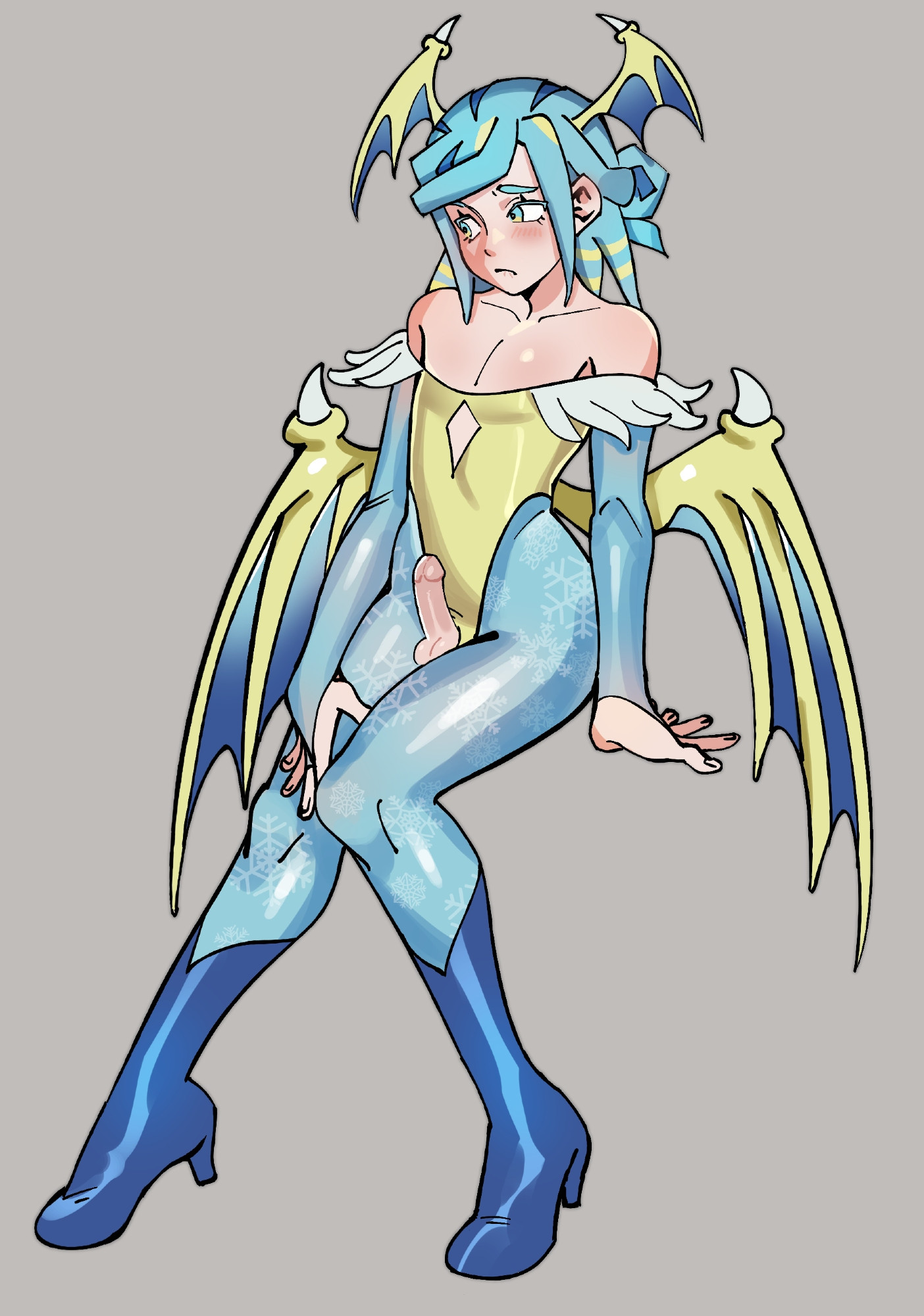 1boy, 2025, 2d, bat wings, blue eyes, blue hair, blush, boots, cock, color, cosplay, crossover, darkstalkers, digital media (artwork), femboy, femboy only, grusha (pokemon), head wings, heel boots, heels, high heel boots, high heels, light skin, light-skinned male, lilith aensland (cosplay), long hair, lyssahh, male, male only, pantyhose, penis, penis out, pokemon, pokemon sv, solo, solo femboy, solo male, tights, wings, wings on head