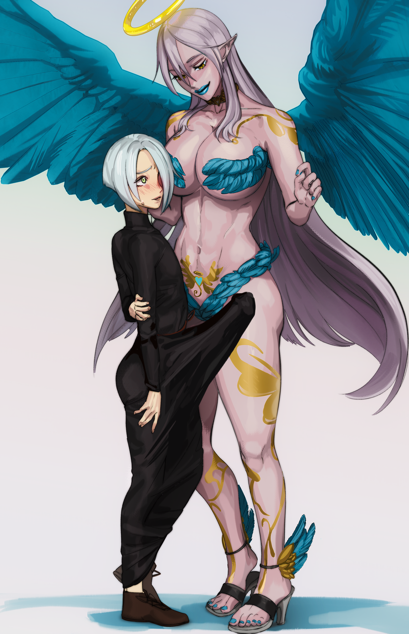 1boy 1girls angel bashful big_breasts big_penis bimbo blue_sclera clothed clothing crossdressing cynthia_celebrian duo erection erection_under_clothes female femboy femboy_on_female fully_clothed halo huge_cock human hung_trap imminent_sex kiyoshuki larger_female light_skin lumen_(oc) male muscular_female original_character pale_skin penis penis_awe penis_under_clothes penis_under_dress shy size_difference small_but_hung smaller_male standing trap