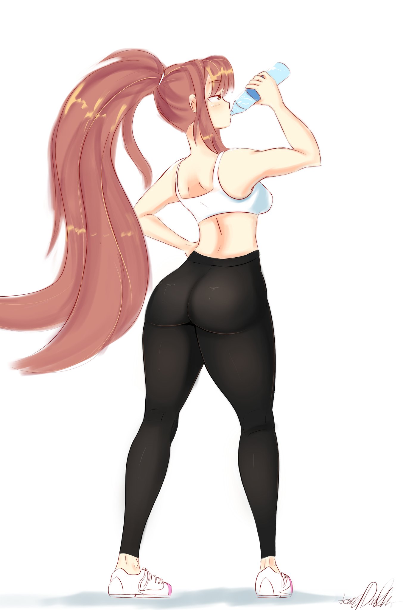1girls, ass, big ass, black leggings, black pants, breasts, brown hair, doki doki literature club, drinking, drinking water, female, fit, fit female, fitness, green eyes, large ass, leggings, lewddoodler, long hair, medium breasts, monika (doki doki literature club), pants, ponytail, shoes, sideboob, solo, solo female, tank top, thick thighs, tight clothing, tight fit, topwear, transparent, transparent clothing, water, water bottle, white shoes, white tank top, white topwear, workout