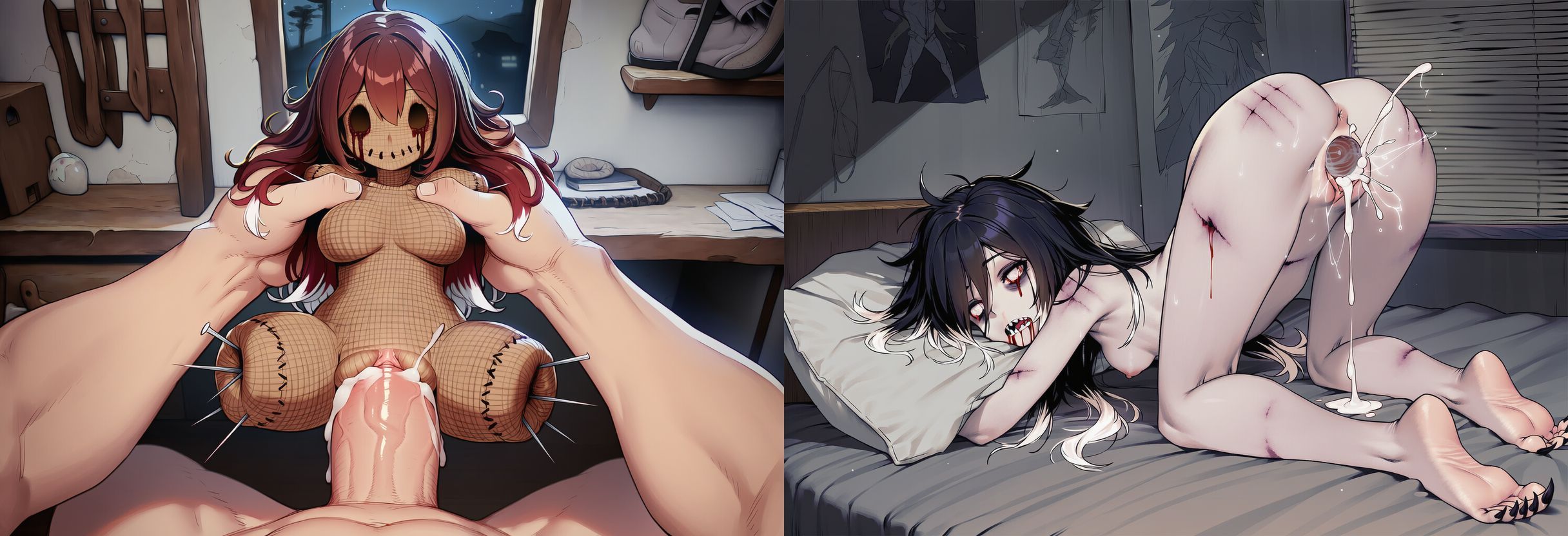 1boy, 2girls, acupuncture, ai generated, amputee, anus, asshole, bijou (paigen), black eyes, black hair, bleeding, blood, breasts, brown skin, burlap skin, cum, cum in pussy, dead eyes, doll, ejaculation, female, grey skin, hollow eyes, horror, horror (theme), large breasts, long hair, male, micro female, monster girl, needles, nipples, no arms, no eyes, no legs, original, original character, paigen, penis, pins, pov, pussy, quadruple amputee, red hair, ribs, saliva, sewn mouth, sharp teeth, sharp toenails, size difference, skinny, small breasts, small female, split screen, stitched mouth, stitches, tiny female, two-tone hair, undead, vaginal penetration, vaginal sex, voodoo doll, voodoo penetration, voodoo sex, white eyes, white hair, zoey (paigen), zombie, zombie girl