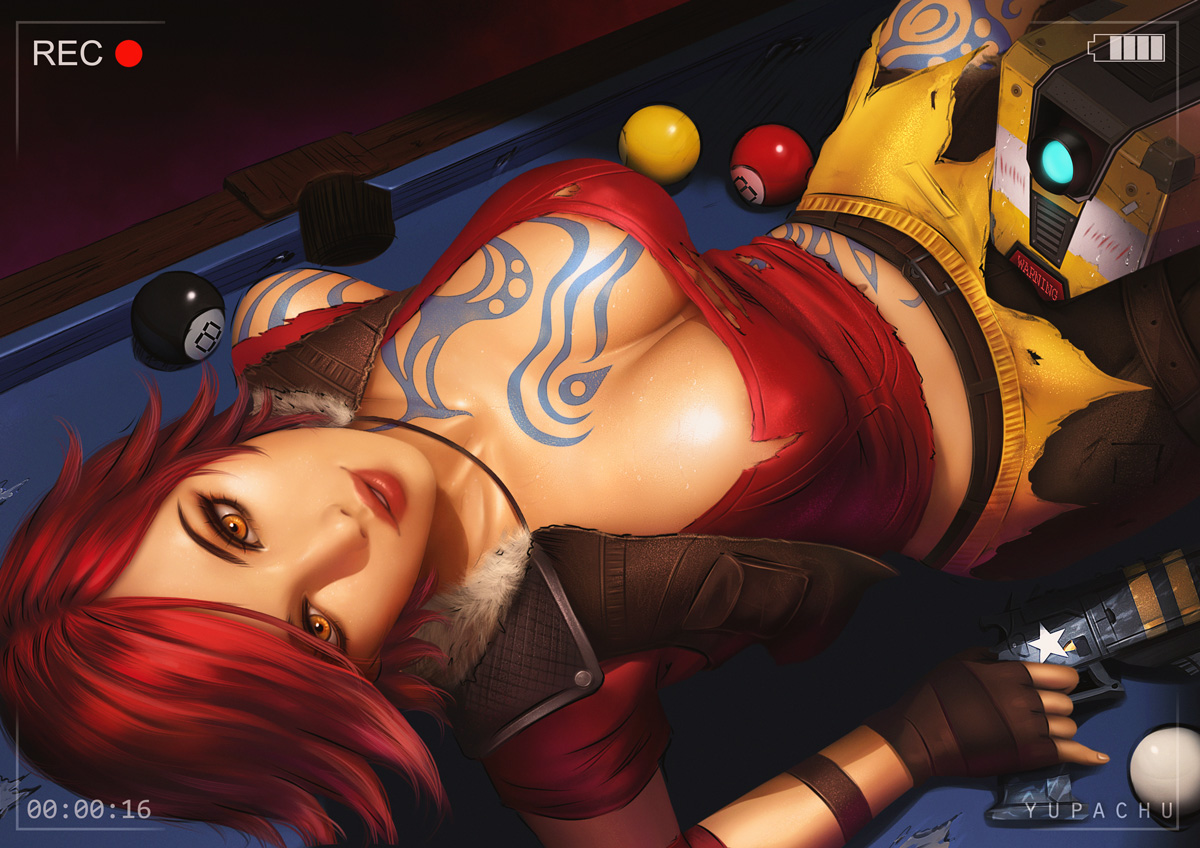 1girls, 2d, big breasts, body markings, borderlands, borderlands 2, breasts, claptrap, cleavage, female, female only, gearbox software, gun, large breasts, lilith (borderlands), looking at viewer, orange eyes, pinup, posing, red hair, redhead, siren (borderlands), siren markings, solo, solo female, solo focus, tattoo, yupachu