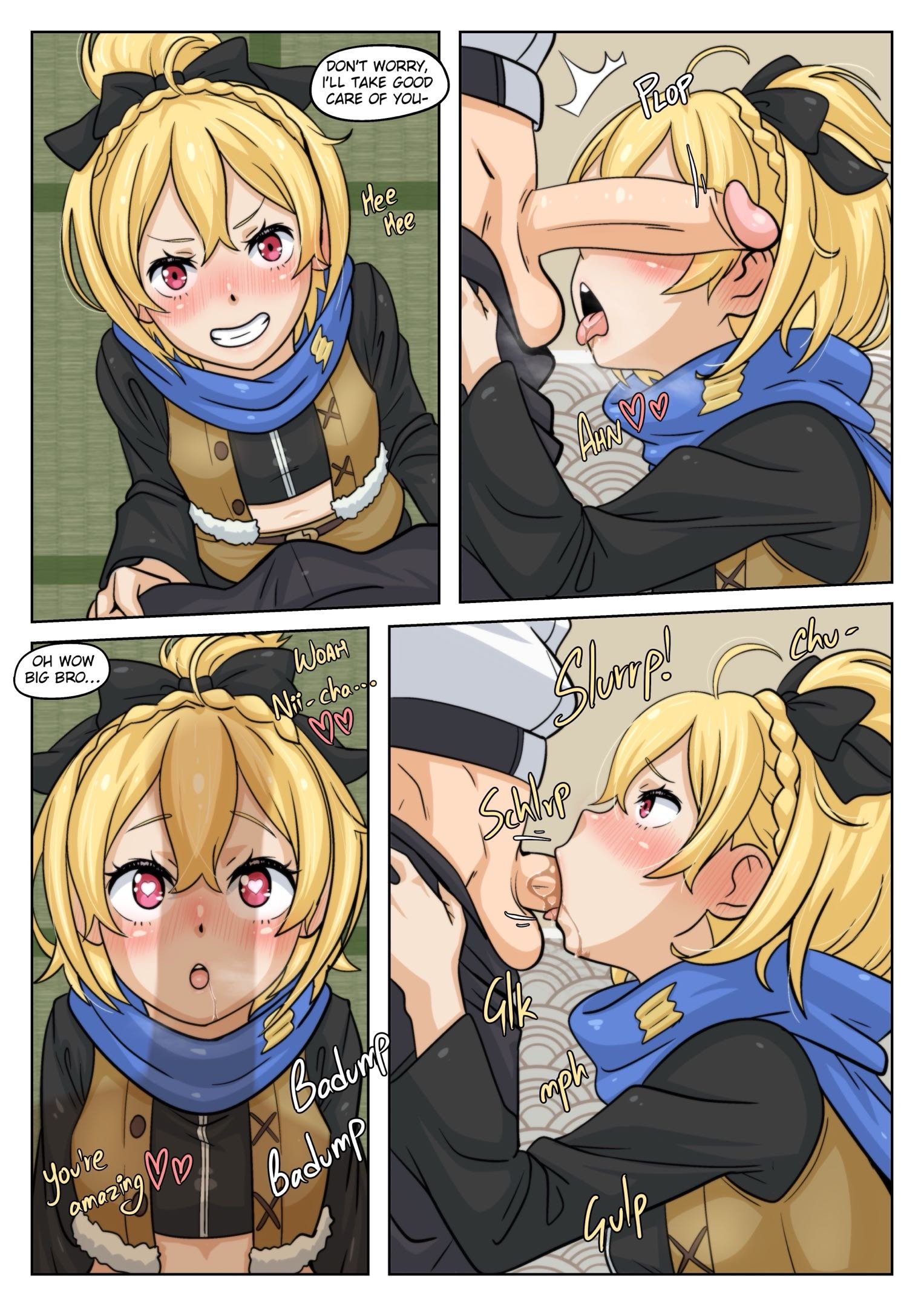1boy, 1girls, blowjob, comic, english text, felt (re:zero), female, male, natsuki subaru, penis, penis awe, re:zero kara hajimeru isekai seikatsu, tagme, text, wacum