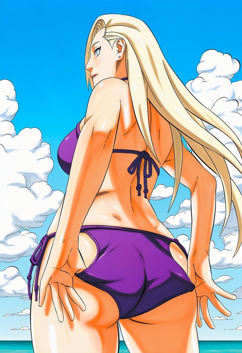 1girls, accurate art style, adjusting swimsuit, ai generated, beach, big breasts, bikini, bikini bottom, bikini top, blonde female, blonde hair, blue eyes, blush, blush lines, breasts, curvy, curvy female, curvy figure, exposed ass, eyelashes, female, from behind, from below, hair, hair down, hair ornament, hair over one eye, ino yamanaka, light blue eyes, light skin, light-skinned female, looking at viewer, manga style, masashi kishimoto style, midriff, naruto, naruto (series), naruto shippuden, naruto: the last, navel, ocean, outdoors, paipan, pale skin, pale-skinned female, pinup, presenting ass, purple bikini, pussy, sea, seaside, swimsuit, thick thighs, thigh gap, thighs, toned, toned female, underboob, undressing, very long hair, wet, wet body, wet hair, white skin, ㅇㅇ