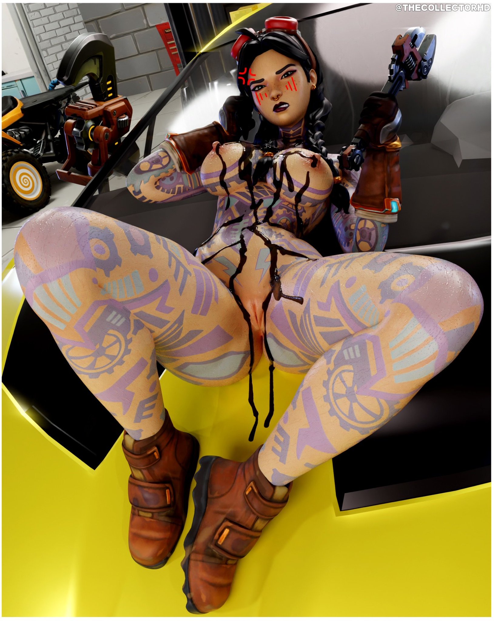 3d, 3d (artwork), angry, angry expression, angry face, ass, big ass, big breasts, black hair, black hair female, breasts, clenched teeth, completely nude, completely nude female, cowlick, female, female focus, female only, fortnite, goggles, goggles on head, hourglass figure, hourglass figured female, huge ass, huge breasts, jules (fortnite), laying, laying down, laying on back, laying on car, looking at viewer, naked footwear, nose ring, nude, nude female, oil, oil on breasts, ponytail, shiny, shiny skin, shoes, short hair, short hair female, solo, solo female, solo focus, sweat, sweatdrop, sweating, sweaty, tattoos everywhere, teeth clenched, the collectorhd, thick thighs, thighs, voluptuous, voluptuous female, watermark