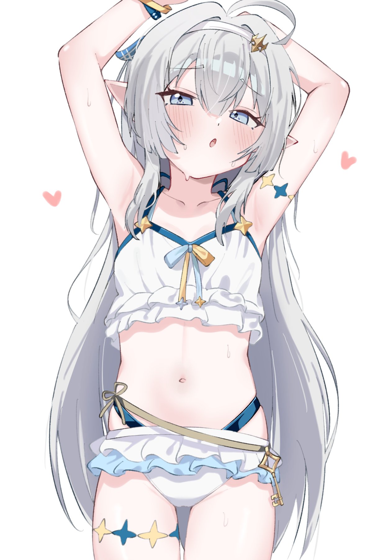 ahoge, arm up, armpits, bikini, cowboy shot, female, female tyrant (stella sora), frilled bikini, frills, grey hair, hairband, heart, highres, key, long hair, looking at viewer, navel, official alternate costume, open mouth, pointy ears, solo, stella sora, swimsuit, tyrant (stella sora), white background, white bikini, yeou kkoli