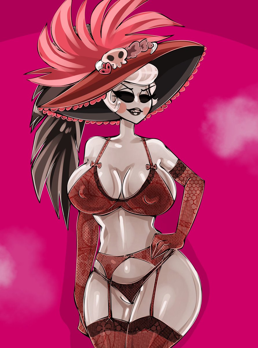 amazon prime, ass, big ass, big breasts, bitterbunz, black eyes, black lips, bra, breasts, cartoon, demon, demon girl, female, female focus, female only, hat, hazbin hotel, leggings, nipples, nipples visible through clothing, no eyes, overlord, panties, red cheekdots, red outfit, rosie (hazbin hotel), sexy body, sexy female, sharp teeth, short hair, sinner, sleeves, stockings, tagme, thick, white hair