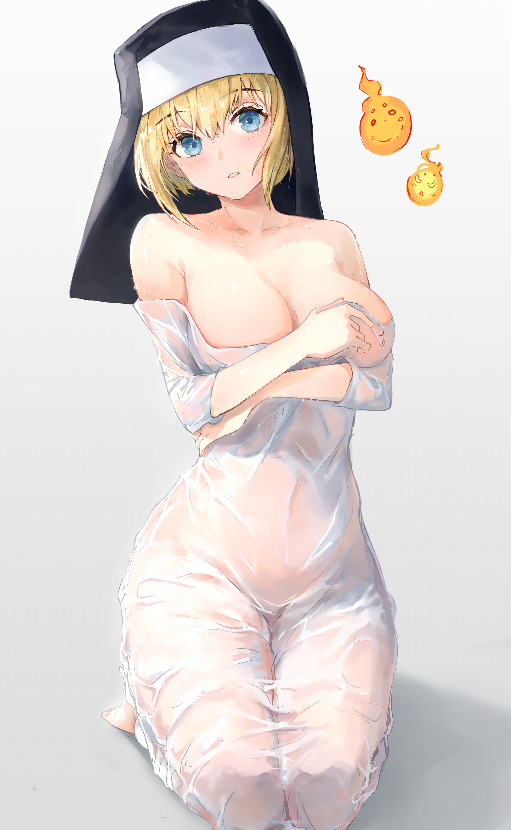 1girls, 2d, 2d (artwork), 2d artwork, bare arms, bare chest, bare hands, bare shoulders, bare skin, belly, belly button, big breasts, blonde eyebrows, blonde female, blonde hair, blonde hair female, blonde-haired female, blue eyes, blue-eyed female, blush, blush face, blushing at viewer, blushing female, blushing lines, breasts, busty, busty female, busty teenager, cleavage, clothes, collarbone, covering, covering breasts, covering chest, covering nipples, covering self, curvaceous, curvaceous body, curvaceous female, curvaceous figure, curvaceous hips, curvaceous teenager, curvaceous thighs, curvy, curvy body, curvy female, curvy figure, curvy hips, curvy thighs, digital, digital art, digital drawing, digital drawing (artwork), digital media, digital media (artwork), dress, elbows, enen no shouboutai, exposed arms, exposed chest, exposed hands, exposed shoulders, exposed skin, eyebrows visible through hair, female, female focus, female only, fingers, fire, fire force, flames, full body, groin, hair between eyes, hand on breast, hand on chest, hand on own breast, hand on own chest, hands on breasts, hands on chest, hands on own breasts, hands on own chest, head tilt, hiding breasts, high resolution, highres, hourglass figure, huge boobs, huge breasts, inguinal crease, inguinal ligament, knees, large boobs, large breasts, lean figure, legs, legs closed, legs folded, legs together, linea alba, lips, looking at viewer, midriff, narrow waist, navel, nun, nun clothing, nun hat, nun outfit, nun veil, outfit, parted lips, pigone, plump breasts, seiza, sentient fire, short hair, shoulders, simple background, sister iris (enen no shouboutai), sister iris (fire force), sitting, sitting on floor, sitting on ground, sitting on knees, slender body, slender waist, slim waist, solo, stomach, teenage female, teenager, thick thighs, thighs, thighs together, tilted head, topwear, wet clothes, wet dress, wet topwear, white background, white clothes, white dress, white outfit, white topwear, wide hips, yellow eyebrows, yellow hair, yellow-haired female, young female, young woman