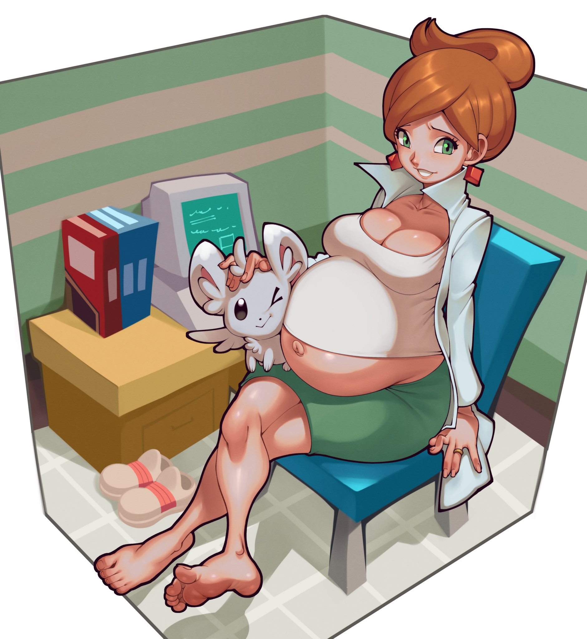 araragi (pokemon), aurea juniper, barefoot, belly, belly button, big belly, hellbrain, pokemon, pokemon bw, pregnant, pregnant belly, pregnant female, professor aurea juniper, professor juniper, tagme