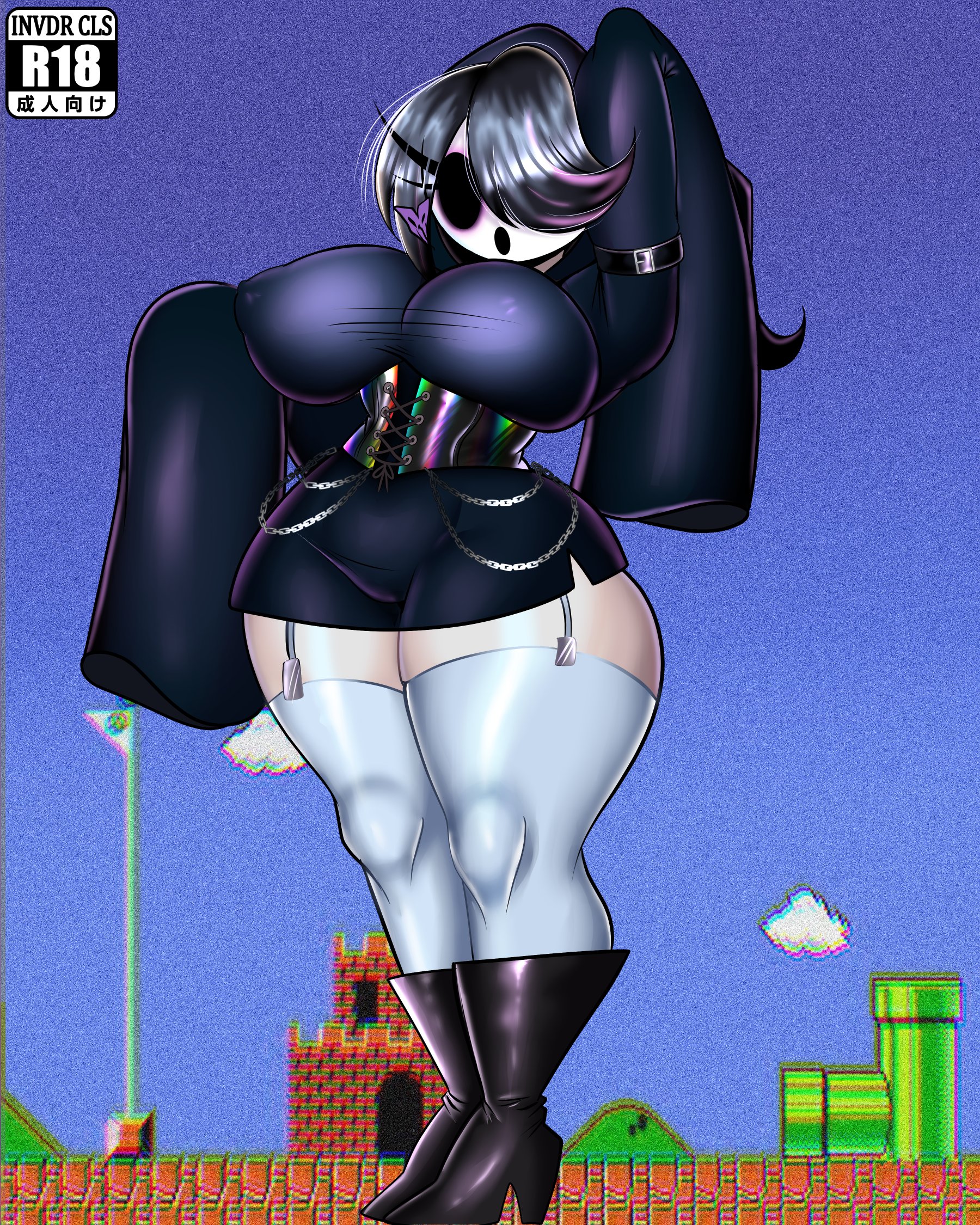 1girls, 2025, big breasts, black hair, breasts, female, female only, garter straps, goth, heel boots, hi res, invdrcls, mario (series), mask, nintendo, shy gal, solo, thick thighs, thighhighs, white thighhighs, wide hips, wide sleeves