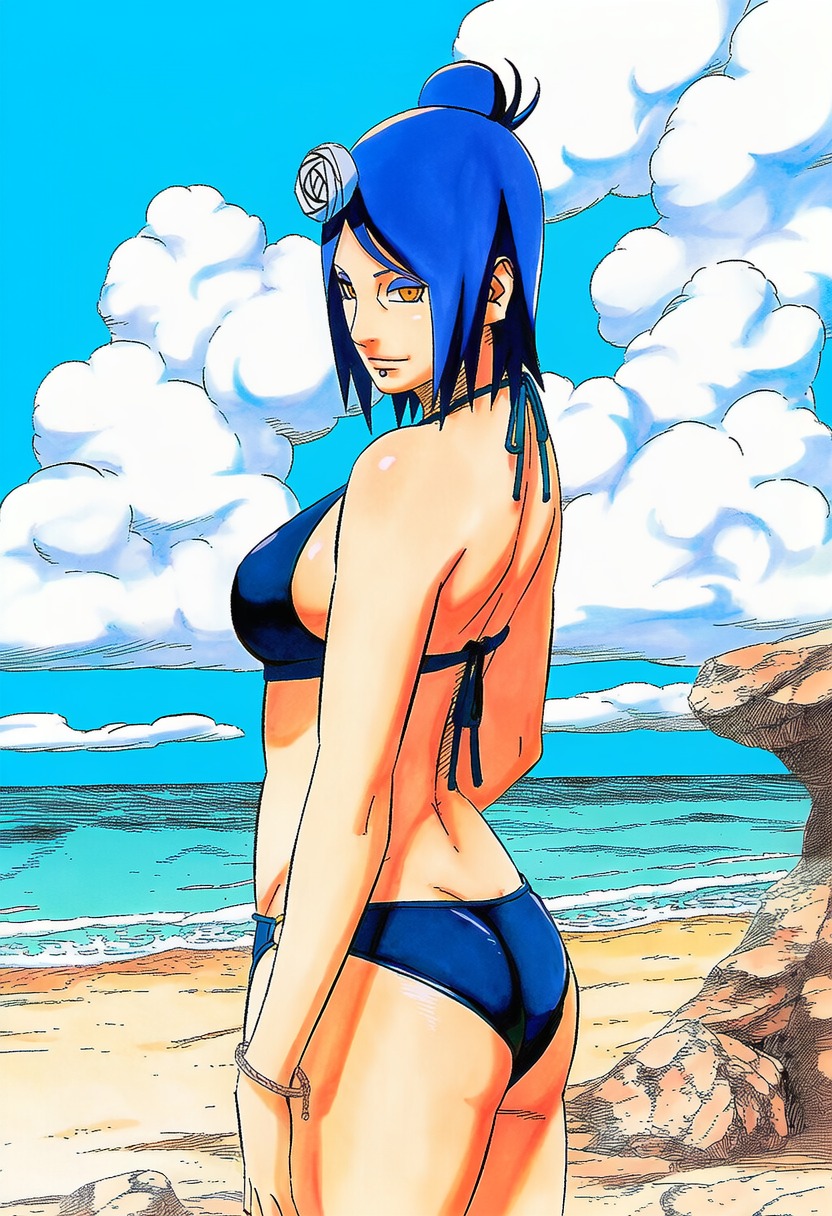 1girls, accurate art style, ai generated, beach, big breasts, bikini, bikini bottom, bikini top, blue hair, blue panties, blue swimsuit, bracelet, breasts, busty, cleavage, curvaceous, curvy, curvy figure, eyeshadow, female, female only, from behind, hair flower, konan, large breasts, light skin, light-skinned female, lips, lipstick, looking at viewer, makeup, manga page, masashi kishimoto style, naruto, naruto (series), naruto shippuden, nipples, ocean, orange eyes, outdoors, outside, pink lipstick, pinup, pose, posing, rear view, shounen jump, sideboob, solo, solo female, solo focus, standing, swimsuit, thighs, underboob, voluptuous, wide hips, ㅇㅇ