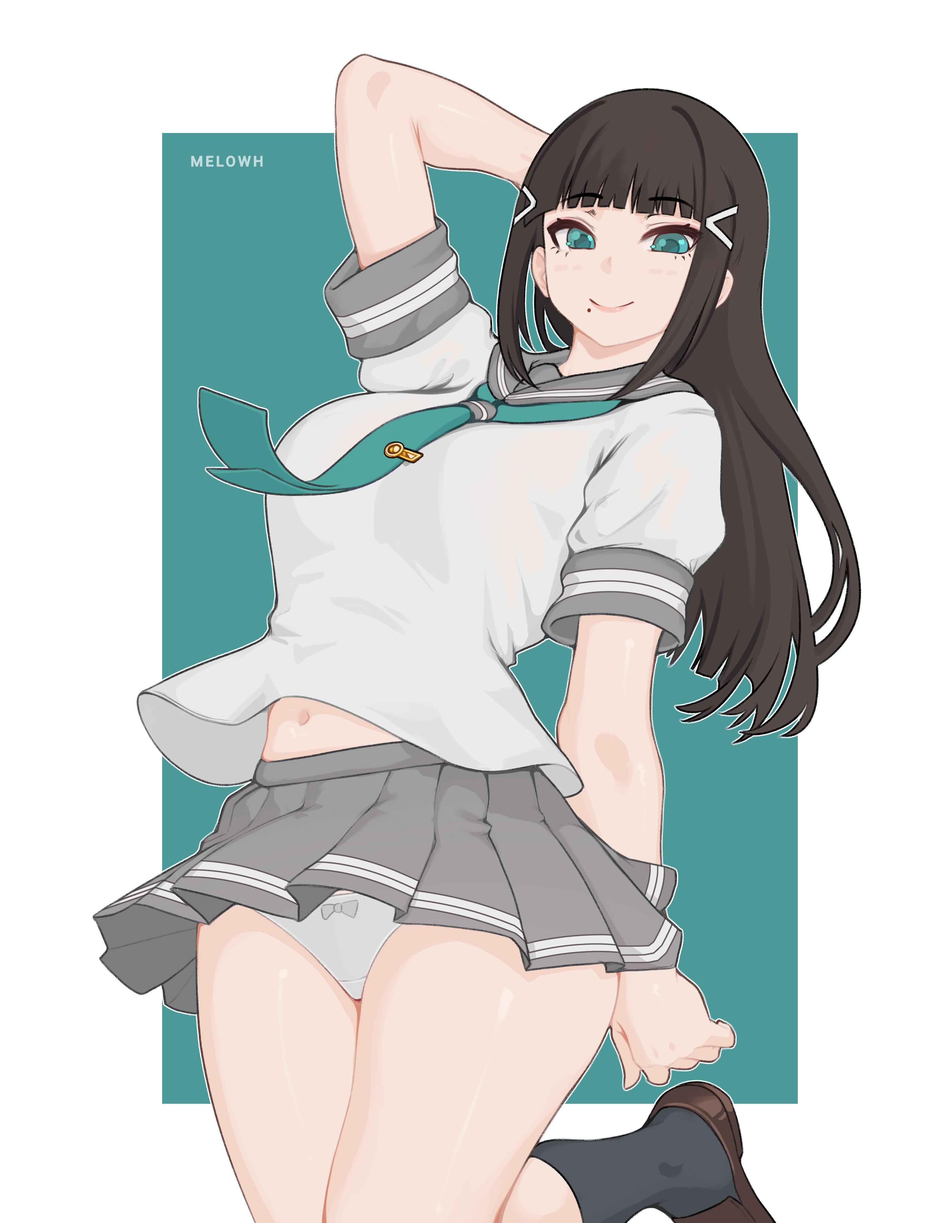 1girls, beauty mark, belly button, black hair, bottomwear, breasts, female, female only, full nelson, green eyes, hands behind head, hourglass figure, kurosawa dia, looking at viewer, love live! sunshine!!, medium breasts, melowh, panties, school uniform, shoes, smiling, smiling at viewer, socks, standing, thick, thick thighs, thighs, tie, topwear