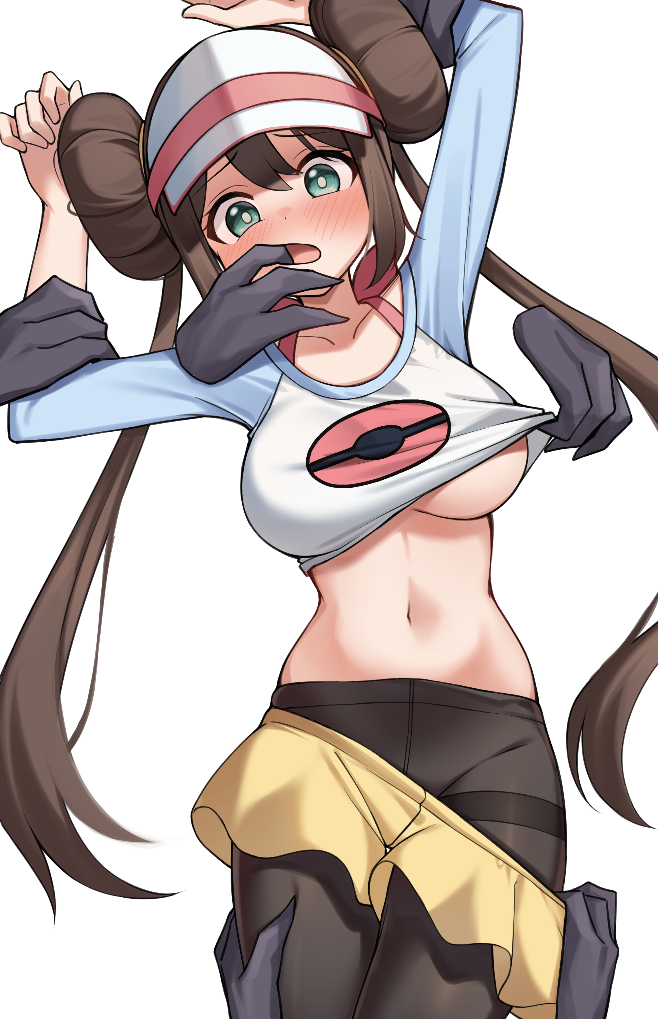 absurdres, arms up, black pantyhose, blush, breasts, brown hair, clothes lift, clothes pull, disembodied hand, donut hair bun, double bun, female, finger in another's mouth, gen 1 pokemon, hair bun, haunter, highres, large breasts, long hair, navel, nintendo, pantyhose, pantyhose under shorts, pokemon, pokemon (creature), pokemon bw2, pokephilia, raglan sleeves, rosa (pokemon), shirt, shirt lift, shorts, shorts pull, simple background, skirt, skorts, stomach, thighband pantyhose, twintails, undressing another, very long hair, visor cap, white background, yellow shorts, ziro (zirorong)