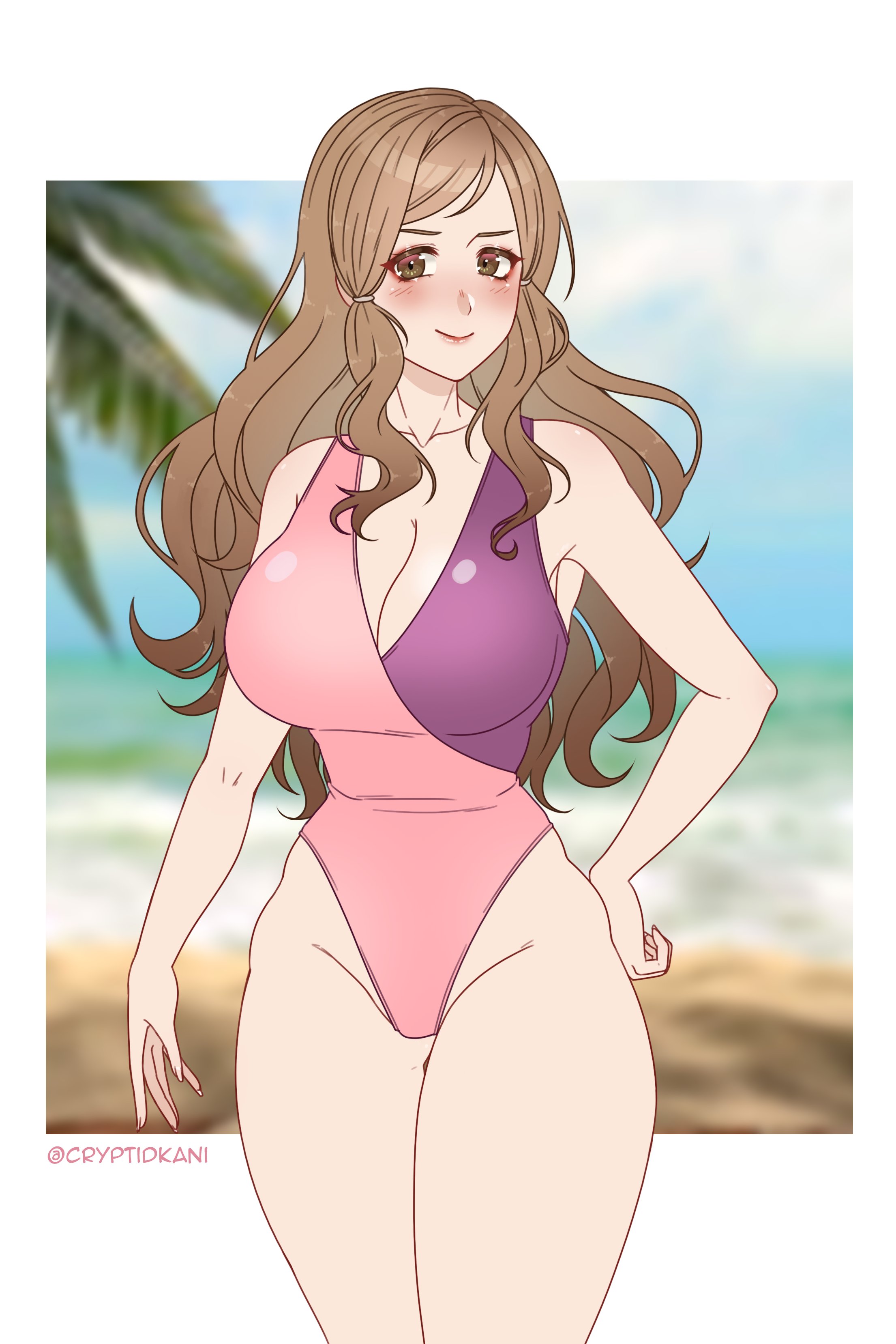 1girls, alternate breast size, bare legs, bare thighs, big breasts, blush, breasts, brown eyes, brown hair, cleavage, cryptid crab, female, fire emblem, fire emblem fates, hana (fire emblem), large breasts, lips, long hair, looking at viewer, nintendo, one-piece swimsuit, pink swimsuit, smile, solo, solo female, swimsuit