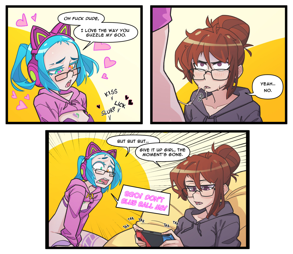 2girls, after cunnilingus, after oral, bad joke, begging for more, blue balled, comic, cunnilingus, female, gretchen grimm (pinkpirate), oral, oral sex, pinkpirate, pussy, pussy licking, the pink pirate