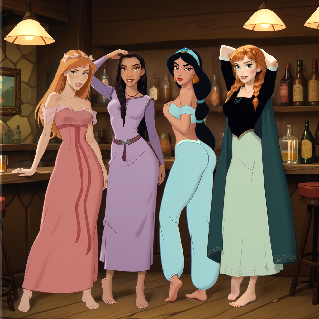 4girls, ai generated, aladdin (1992 disney film), alcohol, alternate version available, anna (frozen), asha (disney), ass, bar, bar (place), bar counter, bar stool, bare shoulders, barefoot, belt, black hair, black shirt, blue crop top, blue eyes, blue pants, bottle, braid, breasts, brown eyes, ceiling lamp, cloak, clothed, clothed female, clothes, clothing, crop top, crossover, dark hair, disney, disney princess, dreadlocks, dress, earrings, enchanted (film), feet, female, female focus, female only, flowers in hair, frozen (film), frozen 2, ginger hair, giselle (enchanted), gold earrings, green cloak, green skirt, hairband, hand on breast, hand on head, hands behind head, indoors, inside, jasmine (aladdin), lamp, long hair, long sleeves, looking at viewer, makeup, off shoulder, pants, petite, pink dress, princess, princess jasmine, purple dress, red hair, red lipstick, redhead female, sexy pose, shelf, skirt, small breasts, smile, standing, tied hair, twin braids, uzzlegorf, wine bottle, wish (film), wooden floor