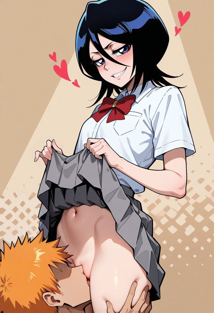 1boy, 1girls, ai generated, bleach, eating pussy, female, kuchiki rukia, kurosaki ichigo, male, pussy, tagme