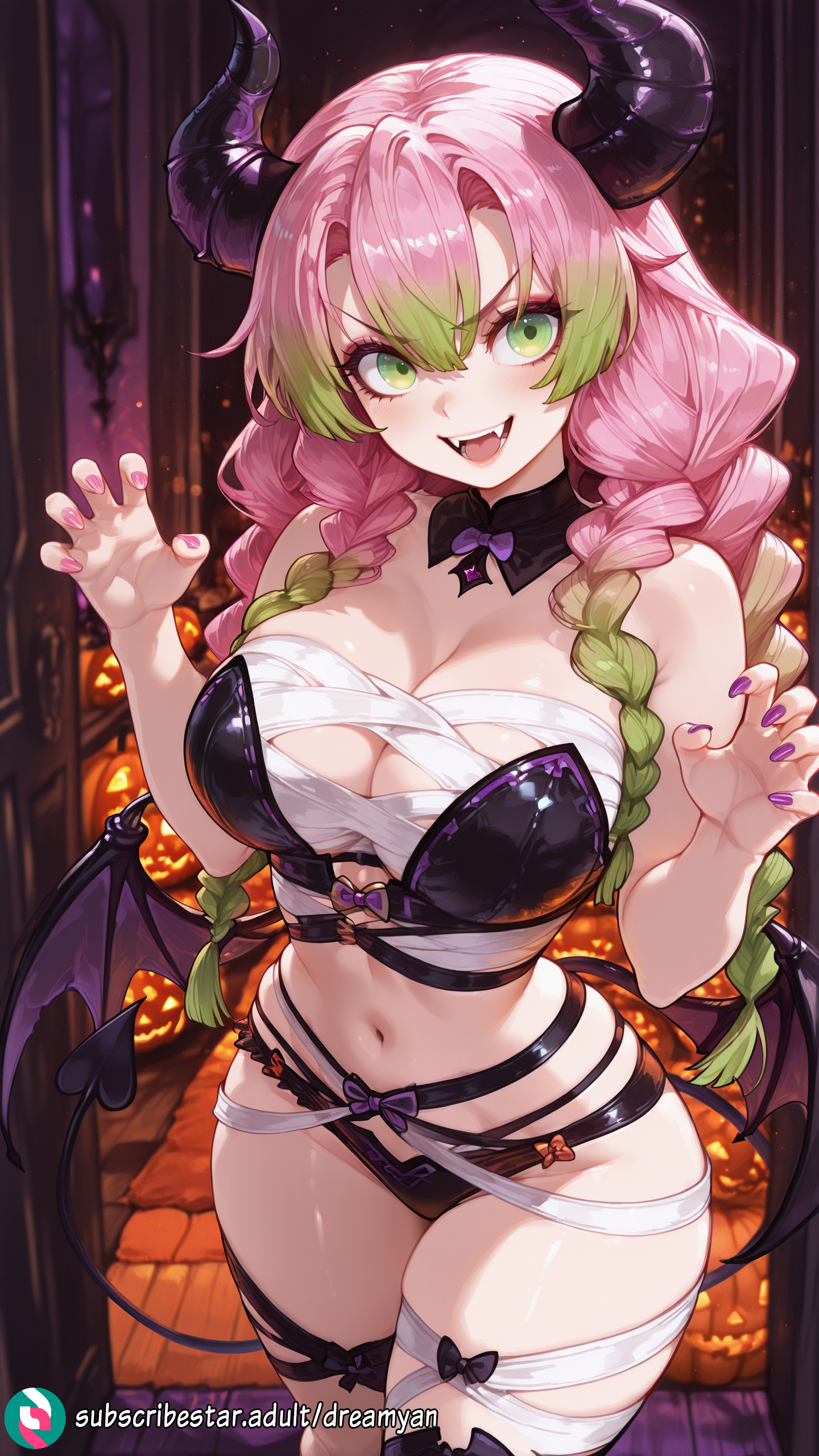 1girls, ai generated, bare shoulders, big breasts, braided hair, breasts, demon slayer, dreamyan ai, female, green eyes, hi res, high quality, high resolution, highres, horns, huge breasts, kanroji mitsuri, kimetsu no yaiba, long hair, mitsuri kanroji, open mouth, pink hair, revealing clothes, smile, smiling, succubus, succubus horns, succubus tail, tail, thick ass, thick thighs, thighs, uncensored, wings