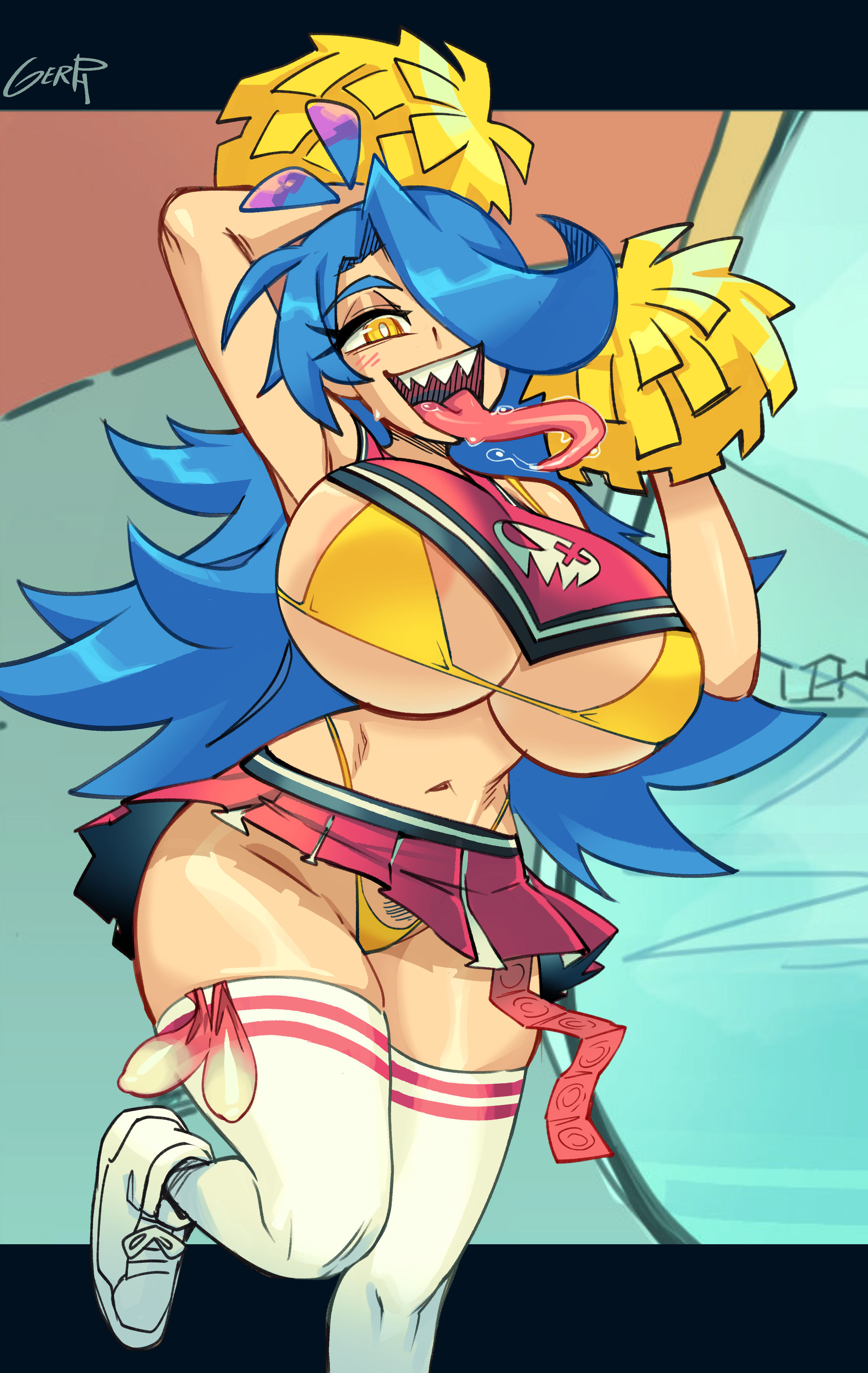 1girls, 2025, absurd res, ahoge, alternate version available, areola slip, areolae, armpits, arms up, artist name, belly button, big breasts, bikini, blue hair, bodily fluids, breasts, busty, cheerleader, cheerleader uniform, cleavage, clothed, clothed female, clothing, condom accessories, condom packet strip, condom wrapper, cum, curvaceous, curvy, female, filled condom, footwear, front view, fully clothed, genital fluids, gerph, hair, hair over one eye, hi res, hourglass figure, huge breasts, human, large areolae, large breasts, legs together, legwear, light skin, light-skinned female, long hair, long tongue, looking at viewer, miniskirt, navel, one eye obstructed, open mouth, original, original character, pom poms, pubic hair, pubic hair peek, saliva, saliva drip, saliva string, shoes, signature, simple background, skarp world, skarpne (skarp world), skindentation, skirt, smile, smiling, smiling at viewer, sneakers, solo, standing, stomach, teeth, thick thighs, thighhighs, thighs, tongue, tongue out, wide hips, yellow bikini, yellow eyes