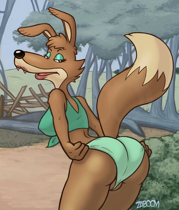 anthro ass bare_shoulders blinky_bill_(series) bottomwear breasts brown_body brown_fur canid canine canis clothed clothing curvy_figure daisy_dingo detailed_background dingo eyelashes eyeshadow facial_tuft fangs female floppy_ears fluffy fluffy_tail fur green_clothing green_eyeshadow green_panties green_shirt green_topwear green_underwear half-closed_eyes head_tuft lipstick looking_back makeup mammal midriff multicolored_body multicolored_fur narrowed_eyes open_mouth panties presenting pulling_panties shirt solo suggestive tank_top tied_shirt topwear tuft two_tone_body two_tone_fur underwear watermark zaboom