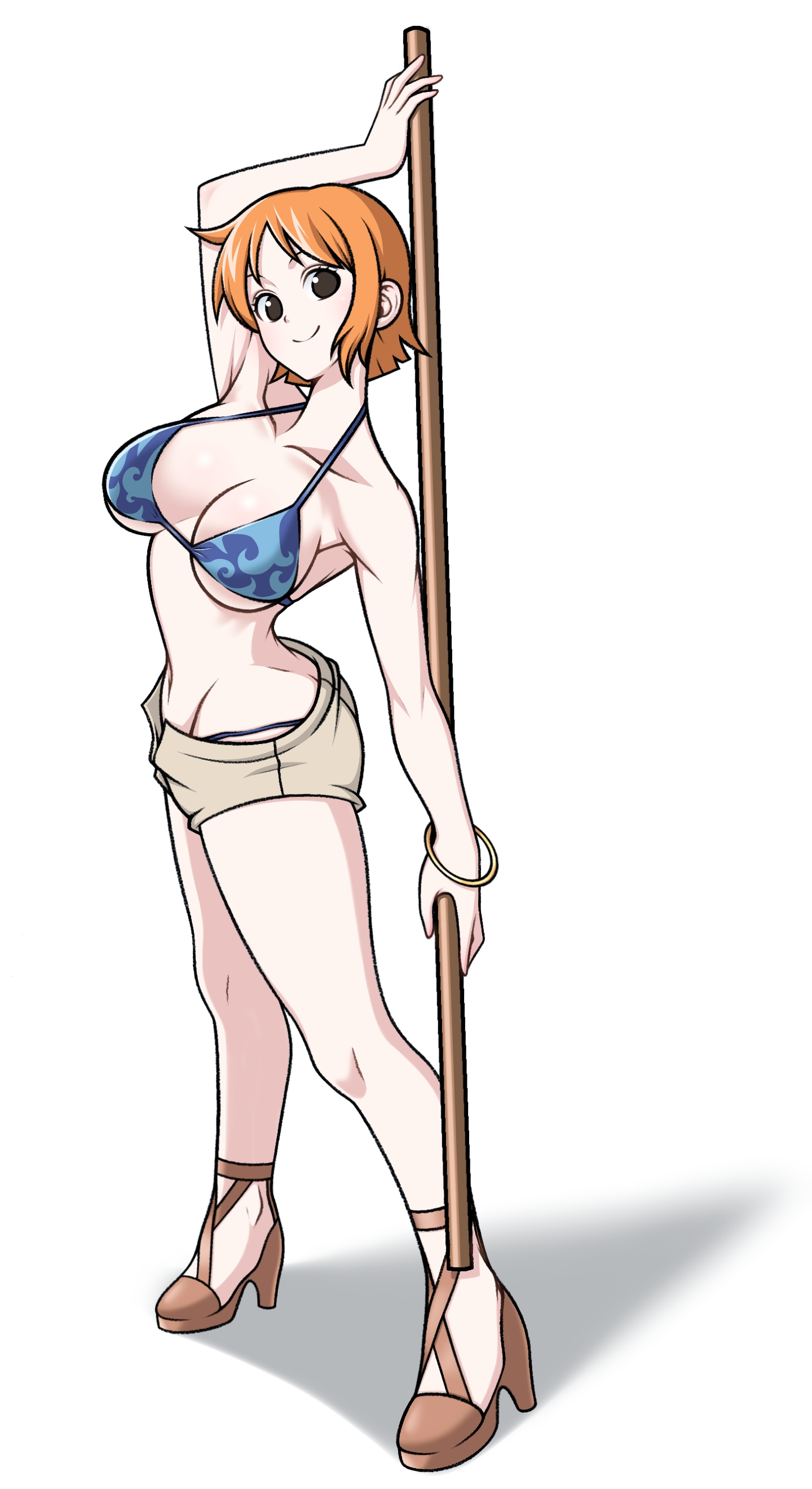 1girls, 2d, 2d (artwork), 2d artwork, adult, adult female, ankles, arm above head, arm up, armpit crease, armpit peek, armpits, ass, ass cleavage, ass crack, bare armpits, bare belly, bare calves, bare chest, bare hands, bare hips, bare knees, bare legs, bare midriff, bare navel, bare shoulders, bare thighs, belly, belly button, big breasts, bikini, bikini top, blue bikini, blue bikini top, blue string bikini, blue swimsuit, blue swimwear, breasts, breasts apart, brown eyes, brown footwear, brown high heels, brown shoes, brown-eyed female, busty, busty female, busty teenager, butt crack, calves, closed mouth smile, collarbone, curvaceous, curvaceous body, curvaceous female, curvaceous figure, curvaceous hips, curvaceous thighs, curvy, curvy body, curvy female, curvy figure, curvy hips, curvy thighs, digital, digital art, digital drawing, digital drawing (artwork), digital media, digital media (artwork), elbows, eron, exposed armpits, exposed arms, exposed belly, exposed chest, exposed hips, exposed legs, exposed midriff, exposed navel, exposed shoulders, exposed skin, exposed thighs, feet, female, female focus, female only, fingers, footwear, full body, ginger, ginger hair, groin, hairless armpits, halterneck, hand above head, hand up, head tilt, high heels, high resolution, highres, hourglass figure, inframammary fold, inguinal crease, inguinal ligament, knees, large boobs, large breasts, lean figure, legs, looking at viewer, mature, mature female, midriff, nami (one piece), narrow waist, navel, one piece, orange hair, orange hair female, orange-haired female, parted bangs, plump breasts, posing, posing for the viewer, pre-timeskip, shaved armpits, shoes, short hair, shoulders, simple background, slender body, slender waist, slim waist, smile, smiley face, smiling at viewer, smirk, solo, staff, standing, string bikini, swimsuit, swimwear, teenage female, teenager, thick thighs, thighs, tilted head, toes, white background, wide hips, young female, young woman