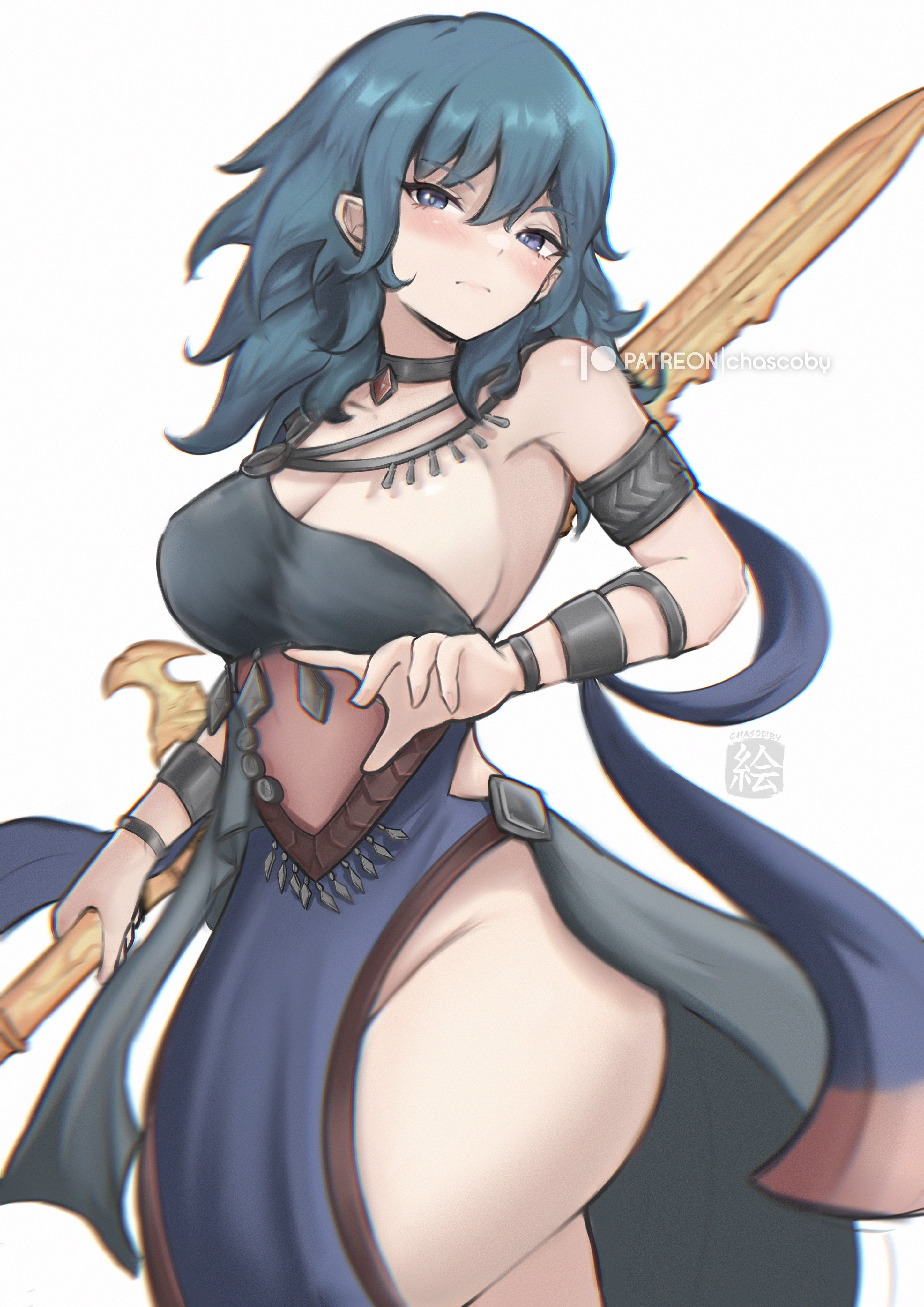 1girls, breasts, byleth (fire emblem), byleth (fire emblem) (female), chascoby, dancer outfit, female, female focus, female only, fire emblem, large breasts, light skin, light-skinned female, looking at viewer, solo, thick thighs, thighs, wide hips