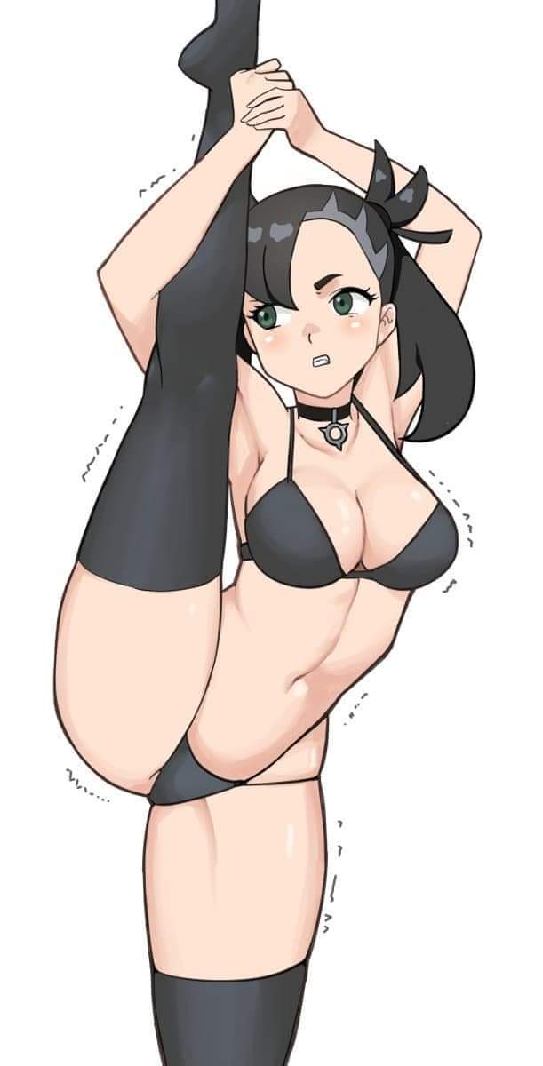 1girls, alternate breast size, babus games, black bra, black hair, black panties, bra, breasts, choker, cleavage, clenched teeth, female, female only, green eyes, low res, low resolution, marnie (pokemon), nintendo, oversplit, panties, pokemon, pokemon ss, solo, splits, tagme, thighhighs, underwear, vertical splits