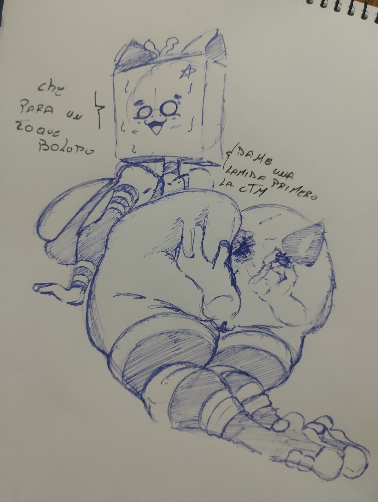 1girls, alien, anal plug, antennae (anatomy), anus, artist signature, ass, blush lines, box, box on head, cat ears, collar, dialogue, disembodied hand, female, heart symbol, holding ass, huge thighs, nimu, nimu (irl), on knees, partially clothed, pencil (artwork), plug (sex toy), presenting anus, pussy, rokoryt art, sideboob, sofia magali santillan (nimu), spiked collar, stockings, text, thick thighs, thighs, traditional media (artwork), youtube, youtube hispanic, youtuber