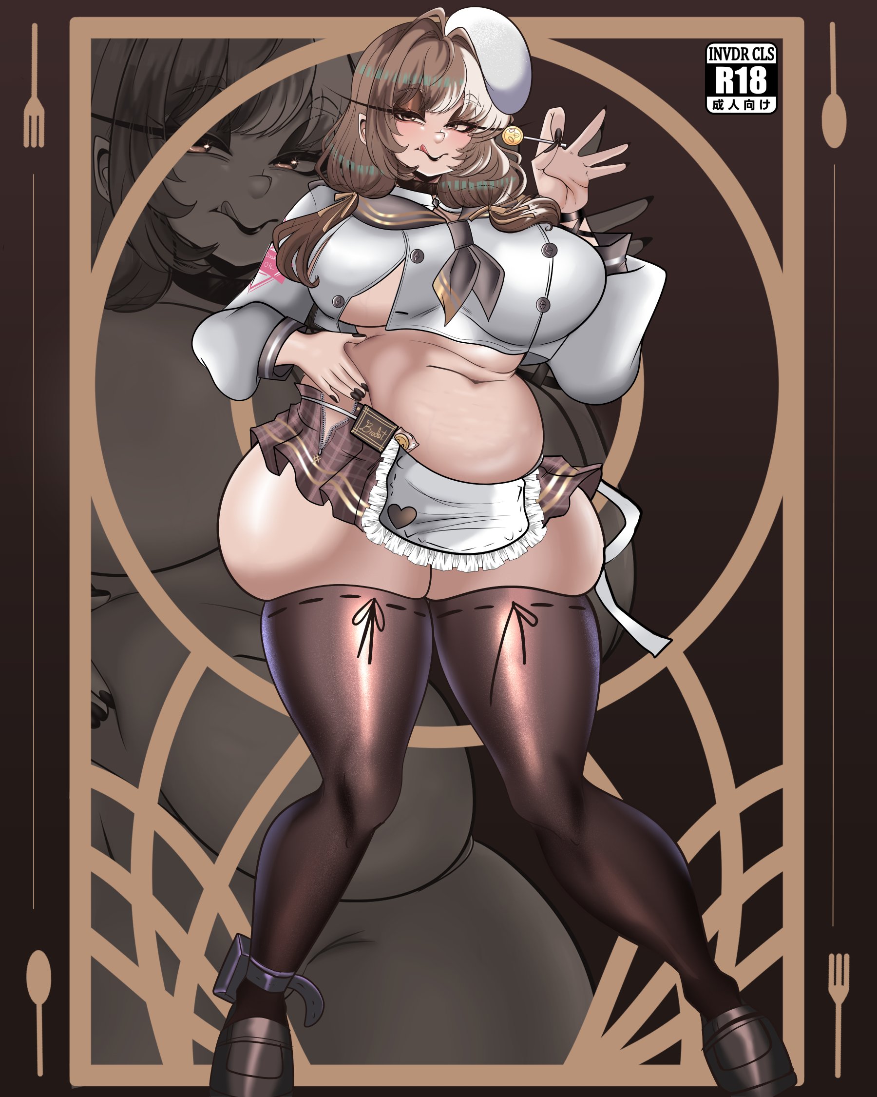 :q, 1girls, 2025, big breasts, bready (nikke), breasts, brown hair, brown thighhighs, chubby, eyelashes, female, female only, goddess of victory: nikke, hi res, invdrcls, lollipop, long eyelashes, looking at viewer, narrowed eyes, slightly chubby, solo, thick thighs, thigh squish, thighhighs