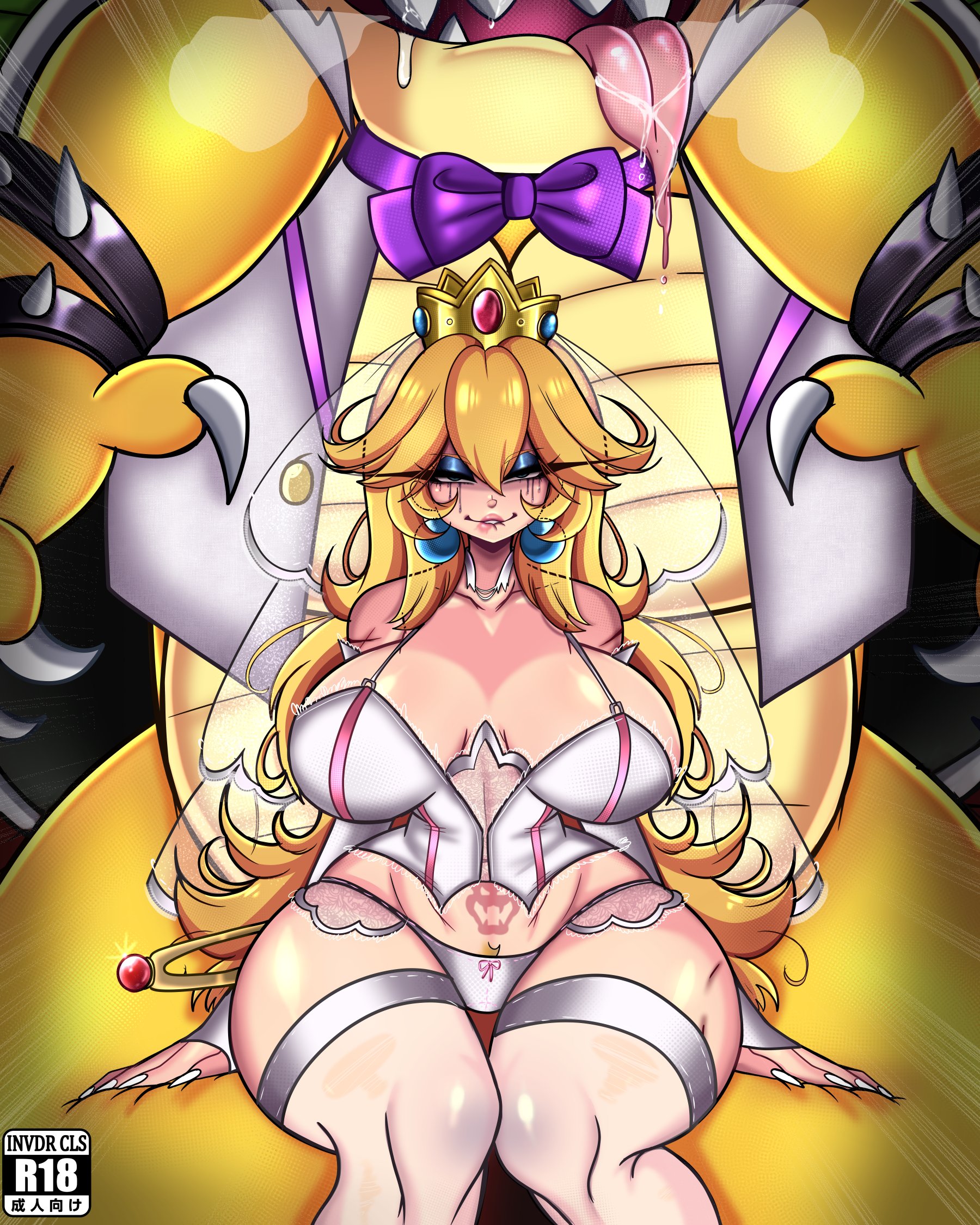 1boy, 1girls, 2023, alternate version available, big breasts, bimbo, biting own lip, blonde hair, blue eyeshadow, bowser, bowser logo, bowser tattoo, branding mark, breasts, corruption, corset, crown, earrings, eyelashes, female, female focus, hi res, implied marriage, invdrcls, lingerie, lips, long eyelashes, long hair, looking at viewer, male, mario (series), narrowed eyes, naughty face, nintendo, panties, princess peach, pubic tattoo, runny makeup, sitting, sitting on lap, size difference, smiling, smiling at viewer, stockings, super mario bros., thick thighs, voluptuous, wedding lingerie, wedding veil, white nail polish, white stockings